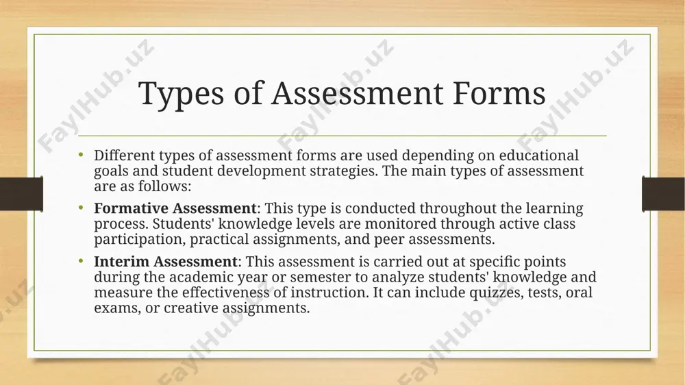engagement in learning. conclusion in conclusion, developing clear, relevant, and adaptable assessment criteria and forms is essential for fostering effective learning and fair evaluation. assessment forms such as formative, interim, summative, and alternative assessments each play a unique role in understanding students' progress and ensuring educational goals are met. criteria that are straightforward, aligned with learning objectives, and fair promote both student motivation and transparency in evaluation. by systematically developing and refining assessment criteria, educators can accurately measure student growth, identify areas needing improvement, and create a supportive environment that motivates students to reach their full potential. thank you for attention image5.png image6.png image3.png image4.png /docprops/thumbnail.jpeg