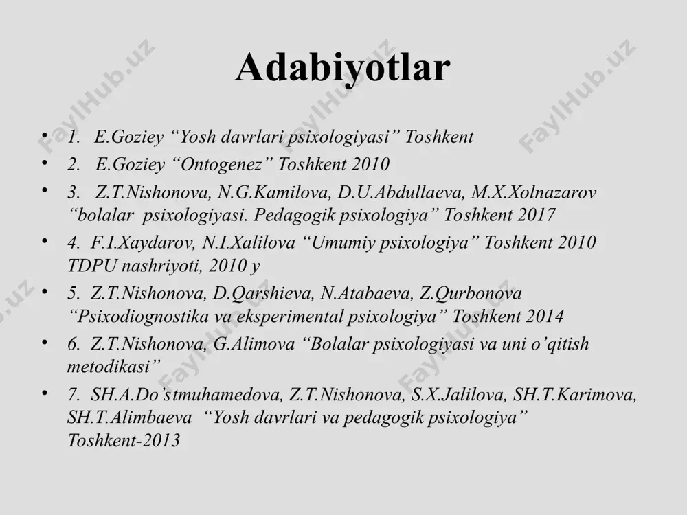 i fan. bolalarda uchraydigan ko’pgina kasalliklarning manbayi psixologik xatakterga egadir. masalan, tadqiqotlarning ko’rsatishicha, bronhial astma bilan og’rigan kasalliklarning ko’pchiligiga bolaligidan ota-onalari emosiyalarni erkin ifodalash, tashabbus ko’rsatish imkoniyatini chegaralaganlar. kasallikning zo‘rayishi bir tomondan psixik omillarga (tushkunlikka berilish vasvasaga tushush, hadiksirash va shu kabilarga) bog‘liq bo‘lsa, ikkinchidan dardning o‘zi ham, jumladan terapevtik muolajaning samaradorligini pasaytirib yuborishi mumkin bo‘lgan alohida psixik holatlarni keltirib chiqaradiki, bu hol vrach va psixologning kuch-g‘ayratlari birlashtirilishini zarurat qilib qo‘yadi. umumiy psixologiya va bolalar psixologiyasi- umumiy psixologiya umumiy psixologik qonuniyatlarini, psixologiyaning nazariy tamoyillarini, asosiy kategoriyalarini, metodlarini o’rganuvchi nazariy va eksperimental tadqiqotlardir. masalan, umumiy psixologiya tafakkur faoliyatining xususiyatlari, tafakkur turlari va operasiyalari haqida umumiy tasavvurni hosil qiladi. bolalar psixologiyasi esa turli yosh bosqichlarida tafakkurning qanday xususiyatlar kasb etishini, tafakkurning qanday bolalar ini o’rganadi. bunda u, albatta, umumiy psixologiyadagi tasavvurlarga tayanadi, uning metodlari va kategoriyalaridan foydalanadi ijtimoiy psixologiya va bolalar psixologiyasi- ijtimoiy psixologiya psixologiya fanining tarmog’i bo’lib, insonlarning ijtimoiy guruhlarga mansubligi …