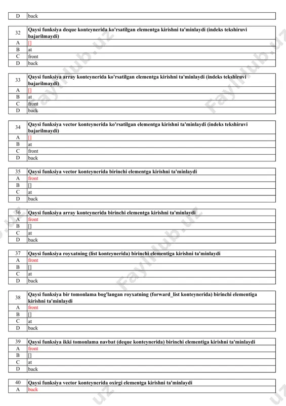 an-to'g'ri murojaat qilish uchun funksiyalarni ta'minlaydi. 63 tartiblangan assotsiativ konteynerlar turlari ko’rsatilgan javobni toping? a set, map, multiset, multimap b vector, array, deque, forward_list, list c array, list, forward_list, map, unordered_map d set, unordered_set, multiset, unordered_multiset 64 set konteyneri – bu … a kalit bo'yicha tartiblangan noyob kalitlarning to'plami b kalitlarga ajratilgan kalit-qiymat juftliklari to'plami, kalitlar noyobdir c kalitlar bo’yicha tartiblangan to’plam, kalitlar noyob bo’lmaydi d kalitlar bo’yicha tartiblangan, kalit-qiymat juftliklari to'plami, kalitlar noyob bo’lmaydi 65 map konteyneri – bu … a kalitlarga ajratilgan kalit-qiymat juftliklari to'plami, kalitlar noyobdir b kalit bo'yicha tartiblangan noyob kalitlarning to'plami c kalitlar bo’yicha tartiblangan to’plam, kalitlar noyob bo’lmaydi d kalitlar bo’yicha tartiblangan, kalit-qiymat juftliklari to'plami, kalitlar noyob bo’lmaydi 66 multiset konteyneri – bu … a kalitlar bo’yicha tartiblangan to’plam, kalitlar noyob bo’lmaydi b kalitlar bo’yicha tartiblangan, kalit-qiymat juftliklari to'plami, kalitlar noyob bo’lmaydi c kalitlarga ajratilgan kalit-qiymat juftliklari to'plami, kalitlar noyobdir d kalit bo'yicha tartiblangan …
