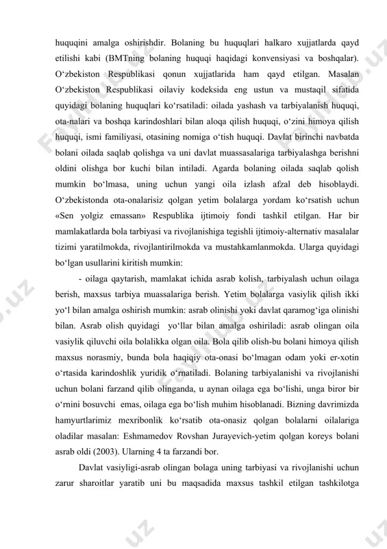 ingan oila vasiylik qiluvchi oila bolalikka olgan oila. bola qilib olish-bu bolani himoya qilish maxsus norasmiy, bunda bola haqiqiy ota-onasi bo‘lmagan odam yoki er-xotin o‘rtasida karindoshlik yuridik o‘rnatiladi. bolaning tarbiyalanishi va rivojlanishi uchun bolani farzand qilib olinganda, u aynan oilaga ega bo‘lishi, unga biror bir o‘rnini bosuvchi emas, oilaga ega bo‘lish muhim hisoblanadi. bizning davrimizda hamyurtlarimiz mexribonlik ko‘rsatib ota-onasiz qolgan bolalarni oilalariga oladilar masalan: eshmamedov rovshan jurayevich-yetim qolgan koreys bolani asrab oldi (2003). ularning 4 ta farzandi bor. davlat vasiyligi-asrab olingan bolaga uning tarbiyasi va rivojlanishi uchun zarur sharoitlar yaratib uni bu maqsadida maxsus tashkil etilgan tashkilotga joylashtirish yo‘li bilan amalga oshiriladi. bola bolalar uyiga vaqtinchalik asrab olinadigan oilaga, mexribonlik uyiga, maktab internatga joylashtirish mumkin. asrab olingan bola bilan ijgimoiy-pedagogik faoliyat. asrab olingan bola har xil turdagi qabul qiluvchi oilaga tushishi mumkin: bu vasiylik qiladigan oila yoki bola qilib olgan oila bo‘lishi mumkin. bular orasidagi farq birinchi xolatda bola uchun …