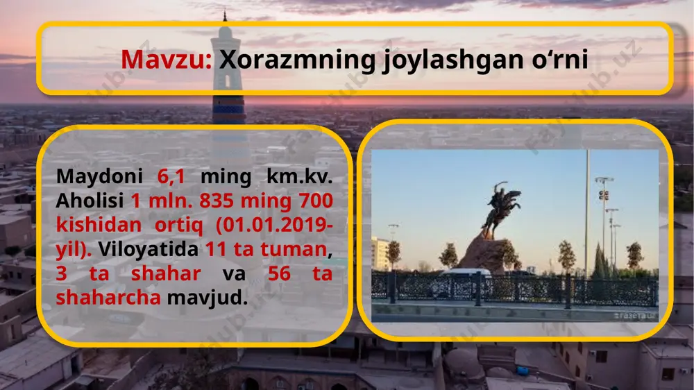 ‘rqum, sho‘rxokli landshaftlar majmuasidan iborat tiðik cho‘l tarkib topdi. bu cho‘lni orolqum deb atash maqsadga muvofiq bo‘ladi. shamol ta’sirida o‘sha qumlar uchib, quyi amudaryoga tuz yog‘ini yog‘moqda. mo‘ynoq shahri atrofidagi har gektar maydonga 1000 kg tuzli changlar tushmoqda. urganch davlat universiteti tabiy va qishloq xo'jaligi fakulteti geografiya 3-kurs 212-guruh talabasi bekimmatov rahmatjon mavzu: xorazmning joylashgan o‘rni viloyatning xo‘jalik hayotida amudaryoning ahamiyati katta. polvon, yermish, shovot va qilichniyozboy kanallari amudaryo suvini butun viloyatga tarqatadi urganch davlat universiteti tabiy va qishloq xo'jaligi fakulteti geografiya 3-kurs 212-guruh talabasi bekimmatov rahmatjon mavzu: xorazmning joylashgan o‘rni xorazm viloyati mamlakatimiz hududini juda kichik qismini egallaydi. xorazm viloyatining yer yuzasi tekis bo‘lib, daryo yotqiziqlaridan iborat urganch davlat universiteti tabiy va qishloq xo'jaligi fakulteti geografiya 3-kurs 212-guruh talabasi bekimmatov rahmatjon mavzu: xorazmning joylashgan o‘rni viloyat aholisi soni jihatidan mamlakat viloyatlari orasida oxirgi o‘rinlarda turadi. xorazmliklar yozda havoning qurib, isib ketishini hisobga olib, uylarni qalin paxsa devordan keng va …