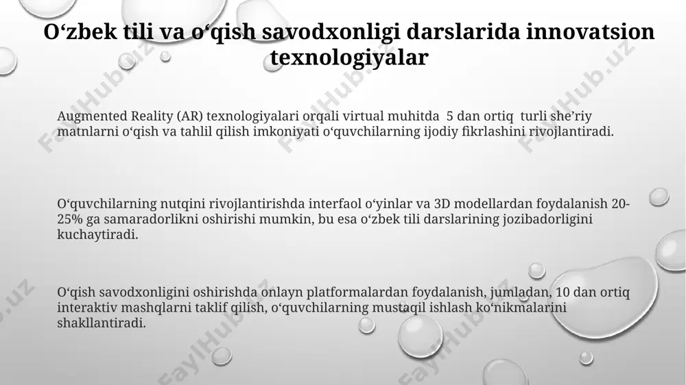 tirishning zamonaviy usullari oʻqish savodxonligini rivojlantirishda interfaol oʻyinlar va 3d texnologiyalarni qoʻllash 20-30% ga oʻquvchilarning faol ishtirokini va tushunish darajasini oshiradi. differensiatsiyalashgan yondashuv, oʻquvchilarning 3 ta yoki undan ortiq bilim darajasiga moslashtirilgan vazifalarni bajarish orqali oʻqish koʻnikmalarini individual ravishda rivojlantirishga yordam beradi. kichik guruhlarda hamkorlikda oʻqish, 5-7 kishilik guruhlarni tashkil qilish orqali, matnni tahlil qilish va muhokama qilish koʻnikmalarini rivojlantiradi. matnni tushunish va tahlil qilish koʻnikmalarini shakllantirish “asosiy g‘oya”, “muallif fikri”, “dalillar” kabi terminlarni qo‘llash orqali matnni tahlil qilish bo‘yicha 10 ta topshiriq bajarish o‘quvchilarning mulohaza yuritish qobiliyatini rivojlantiradi. matnni chuqur tahlil qilish uchun 5w1h (kim?, nima?, qachon?, qayerda?, nima uchun?, qanday?) uslubidan foydalanish, o‘quvchilarning matn mazmunini tushunish darajasini 20% ga oshiradi. matn tuzilmasi (kirish, rivojlanish, xulosa) elementlarini aniqlash va ular orasidagi mantiqiy bog‘lanishlarni tahlil qilish ko‘nikmalari 8-sinf o‘quvchilarida 30% samaradorlikni ta’minlaydi. til boyligini oshirish yoʻllari o'quvchilarning nutqini rivojlantirishda she'riyat, hikoya va ertaklarni o'qish, va undan kamida 3 ta yangi …