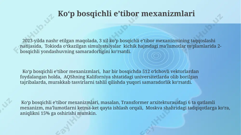 larda matnni tarjima qilishda muvaffaqiyatli ishlatilgan. hardmax eʼtibor mexanizmi, maʼlumotlarni qayta ishlashda faqat bitta, eng yuqori ehtimolli elementni tanlaydi, bu esa 1-darajali tanlov sifatida tasvirlanishi mumkin va bu jarayon 3-qavatli neyron tarmogʻida samarali qoʻllaniladi. hardmax funksiyasi, 1000 ta elementdan iborat kirish vektorida, faqatgina bir elementni tanlash orqali hisoblash murakkabligini sezilarli darajada kamaytiradi va shu bilan birga, tokio universitetining tadqiqotlariga koʻra, hisoblash tezligini oshiradi. softmax eʼtibor mexanizmi softmax funksiyasi, kattalikdagi vektorlarning elementlariga ehtimollik taqsimotini qoʻllaydi va bu ehtimolliklar yordamida, masalan, tasvirni tahlil qilishda muhim xususiyatlarga eʼtiborni oshirishga yordam beradi. softmax eʼtibor mexanizmi, 1970-yillarda aqshda paydo boʻlgan statistik modellarda qoʻllanila boshlagan va hozirda chuqur oʻrganish tarmoqlarida, masalan, 1000 dan ortiq oʻlchovli maʼlumotlarni qayta ishlashda keng qoʻllaniladi. ushbu mexanizm, kirish vektorlarining har bir elementiga ehtimollik berib, ularning vaznini hisoblaydi va 0 dan 1 gacha boʻlgan qiymatlarni chiqaradi, ularning yigʻindisi 1 ga teng boʻladi, bu esa butun vektor ustida eʼtiborni taqsimlash imkonini beradi. e'tiboringiz …