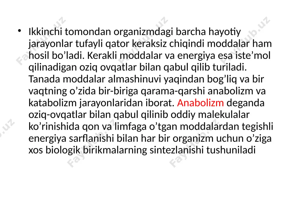 yd qilinganidek energetik qiymatga ega boʼlmasa ham kunlik ovqat bilan doimiy holda qabul qilib turilishi kerak. chunki ularning aksariyat qismi tanada mustaqil holda sintezlanmaydi. vitamin а bu vitamin sabzi, pomidor, kartoshka, chakanda, chetan, itburun, baliq yogʼi, sariyogʼ, jigar, buyraklar hamda tuxumda koʼp uchraydi. а vitaminning yetishmasligidan shapkoʼrlik (qorakoʼrlik) kasalligi kelib chiqadi, boʼy oʼsishdan qoladi, yana u qon yaratilishini tezlashtiradi va oksidlanish jarayonlarida qatnashadi. vitamin d. bu vitamin oganizmda kaltsiy va fosfor almashinuvida faol qatnashadi. shu bois uning yetishmasligidan bolalarda suyaklanish jarayoni buziladi, natijada raxit kasalligi kelib chiqadi, bunda oyoq suyaklari tana vazniga bardosh berolmasdan qiyshayib qoladi. vitamin e bu vitamin asosan oʼsimlik mahsulotlarida uchraydi. grechka, chakanda, ismaloq, yongʼoqda ayniqsa u koʼp boʼladi. unib chiqadigan donlarda ham u moʼl boʼladi. vitamin ye koʼpayish vitamini deb ham yuritiladi, chunki u pushtsizlik va bola boʼlmaslik holatlarini tuzatishda katta yordam qiladi. u yana hujayralarga erkin radikallarning oʼtishini toʼxtatadi, yurak muskullari va tana muskullarining ishlashini …