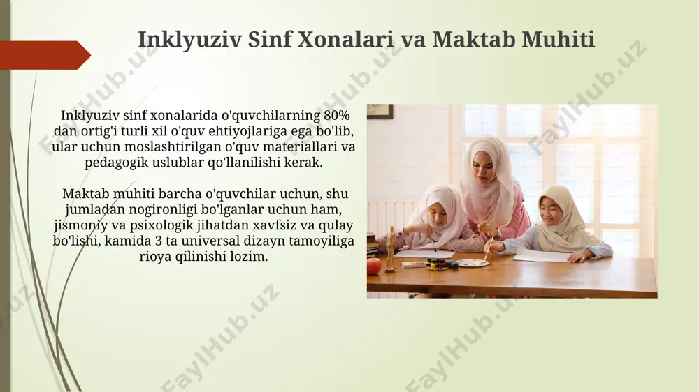 ogik vositalar qo‘llanilishi mumkin. kelajakdagi rejalar va vazifalar inklyuziv ta’lim tizimini 2025-yilga borib 50% ga kengaytirish, shuningdek, maxsus ehtiyojli bolalar uchun 10 ta yangi inklyuziv maktab ochish rejalashtirilgan. inklyuziv ta’limni rivojlantirish bo‘yicha 3 ta milliy dastur ishlab chiqiladi va ular 3 yil ichida amalga oshiriladi, bu esa kamida 100 ming o‘quvchini qamrab oladi. ota-onalar va jamoatchilikning ishtirok etishi samarali hamkorlikni ta'minlash uchun kamida 2 marta yillik ota-ona yig'ilishlari va jamoatchilik bilan muloqotlarni o'tkazish, inklyuziv ta'limning asosiy talablaridan biri hisoblanadi. ota-onalar va jamoatchilikning maktab hayotining 30% dan ortiq qismida faol ishtirok etishlari, bolalarni o'qitish va tarbiyalashda muhim ahamiyatga ega ekanligini ko'rsatadi. texnologiyalarning rolini o'rganish inklyuziv ta’lim tizimida texnologiyalar 1:1 o'quvchi-kompyuter nisbatini ta’minlash orqali individual ehtiyojlarga moslashuvchan ta’lim imkoniyatlarini yaratadi, shu bilan o'quv jarayonini shaxsiylashtiradi. o'quv jarayonida interfaol o'yinlar va simulyatsiyalar kabi texnologiyalarni qo'llash orqali 50% ga yaqin o'quvchilarning faol ishtiroki va bilim olish darajasini oshirish kuzatilgan. inklyuziv ta'lim tizimining asosiy tamoyillari …
