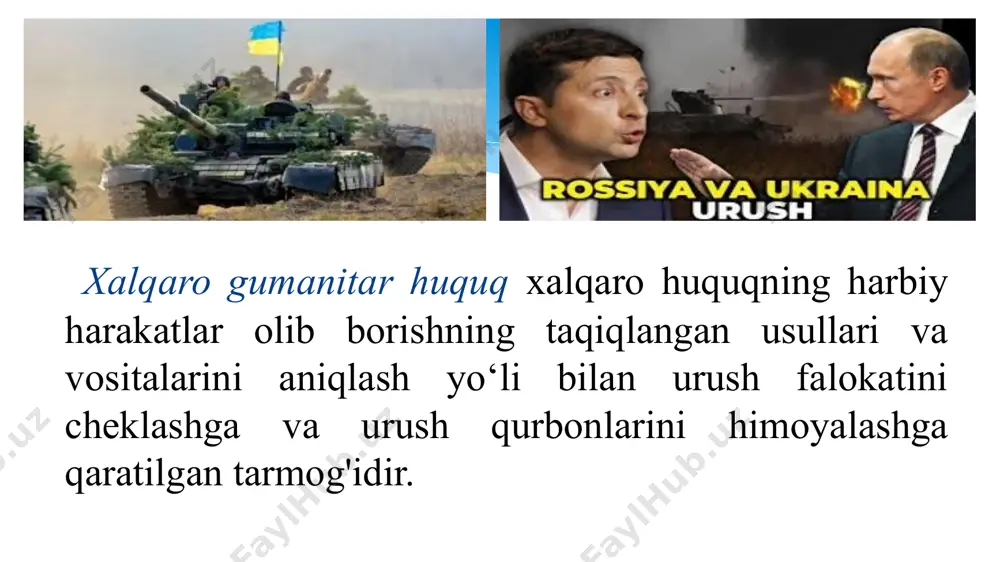 tlari barham topadi; diplomatik va konsullik munosabatlari uziladi; diplomatik va konsullik xodimlari chaqirib olinadi; 2) tinchlik munosabatlarga tegishli siyosiy, iqtisodiy va boshqa yo'nalishlardagi shartnomalar barham topadi yoki vaqtincha to'xtatib qo'yiladi; umumiy mazmundagi ko'p tomonlama bitimlar harakati urush davomida to'xtatib qo'yiladi; urush holati munosabati bilan maxsus tu­zilgan shartnomalar qo'llanadi; 3) dushman tomon fuqarolari uchun alohida rejim o‘rnatiladi. ularning chiqib ketishi urushayotgan davlat manfaatlariga zid bo'lmagan taqdirdagina ular shu davlat hududini tark etishlari mumkin. ularga nisbatan urush tamom bo'lgunga qadar muayyan hududga joylashtirish yoki muayyan joylarga majburiy ravishda ko‘chirish choralarini qo'llashgacha bo'lgan maxsus rejim joriy etilishiga yo‘l qo'yiladi; 4) dushman davlatga tegishli mol-mulk musodara etiladi, diplomatik va konsullik vakolatxonalari mulki bundan mustasno. dushman tomon fuqarolarining mol-mulki o'z maqomini saqlab qoladi. harbiy harakatlar olib borishning usul va vositalari bu jabhada ikkita prinsip amal qiladi: 1) urushayotgan tomonlaming dushman tomonga ziyon yetkazish borasida tegishli vositalarni tanlash huquqi cheklangan bo'ladi; 2) ortiqcha jabr yetkazishga yo'l …