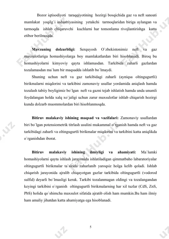 jab ishlatish hamda unda unumli foydalangan holda xalq xo`jaligi uchun zarur maxsulotlar ishlab chiqarish hozirgi kunda dolzarb muommolardan biri hisoblanmoqda. bitiruv malakaviy ishining maqsad va vazifalari: zamonaviy usullardan biri bo`lgan potensiometrik titrlash usulini mukammal o`rganish hamda neft va gaz tarkibidagi zaharli va oltingugurtli birikmalar miqdorini va tarkibini katta aniqlikda o`rganishdan iborat. bitiruv malakaviy ishining ilmiyligi va ahamiyati: ma`lumki homashiyolarni qayta ishlash jarayonida ishlatiladigan qimmatbaho labaratoriyalar oltingugurtli birikmalar ta`sirida zaharlanib yaroqsiz holga kelib qoladi. ishlab chiqarish jarayonida ajralib chiqayotgan gazlar tarkibida oltingugurtli (vodorod sulfid) deyarli bo`lmasligi kerak. tarkibi tozalanmagan oldingi va tozalangandan keyingi tarkibini o`rganish oltingugurtli birikmalarning har xil tuzlar (cds, zns, pbs) holida qo`shimcha maxsulot sifatida ajratib olish ham mumkin.bu ham ilmiy ham amaliy jihatdan katta ahamiyatga ega hisoblanadi. i. adabiyotlar sharhi о`zbekistonda gaz konlari mavjudligi 1930 yildan boshlab aniqlana boshlangan. dastlab, 1936 yilda farg`ona vodiysida bо`ldi va 1950 – 60 yillarga kelib ularning soni va manzillari kо`paydi. statistika malumotlariga …