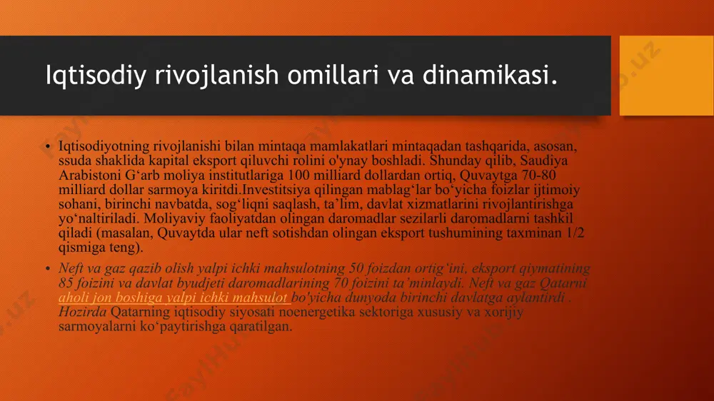 h dollari) yaponiya ulushi 9,59% (12,5 mlrd aqsh dollari) buyuk britaniya ulushi 6,53% (8,55 milliard aqsh dollari) belgiya ulushi 5,46% (7,16 milliard aqsh dollari) singapur ulushi 5,08% (6,66 mlrd aqsh dollari) italiya ulushi 4,92% (6,45 milliard aqsh dollari) baa ulushi 4,37% (5,72 milliard aqsh dollari) pokiston ulushi 2,99% (3,92 milliard aqsh dolla 2022 yilda qatar eksporti tarkibi quyidagi asosiy mahsulot guruhlari bilan ifodalangan: 87% (114 mlrd. aqsh dollari): 27 - mineral yoqilg'i, neft va ularni distillash mahsulotlari; bitumli moddalar; mineral mumlar 2,73% (3,57 mlrd. aqsh dollari): 31 - o‘g‘itlar 2,59% (3,39 mlrd. aqsh dollari): 39 - plastmassa va ulardan tayyorlangan mahsulotlar 1,63% (2,13 mlrd. aqsh dollari): 76 - alyuminiy va undan tayyorlangan mahsulotlar 1,1% (1,44 mlrd. aqsh dollari): 28 - noorganik kimyo mahsulotlari; noorganik yoki organik birikmalar, qimmatbaho metallar, noyob tuproq metallari, radioaktiv elementlar yoki izotoplar 1,06% (1,39 mlrd. aqsh dollari): 29 - organik kimyoviy birikmalar 0,702% (919 million aqsh …