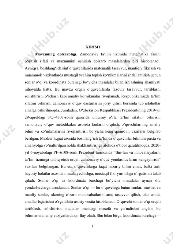 t qiladi. shu bois bu mavzu hozirgi taʼlim islohotlari kontekstida dolzarb va muhim ilmiy-amaliy ahamiyatga ega. kurs ishining maqsadi. boshlang‘ich sinf o‘quvchilarida sonlar o‘qi va koordinata burchagiga oid bilim va ko‘nikmalarni shakllantirishga xizmat qiluvchi masalalarni tanlash, tuzish va ularni o‘qitish metodikasini ishlab chiqishdan iborat. kurs ishining vazifalari: · sonlar o‘qi va koordinata burchagining nazariy asoslarini o‘rganish; · boshlang‘ich sinf o‘quvchilari uchun mos masalalarni tuzish usullarini ishlab chiqish; · masalalarni echish jarayonida qo‘llaniladigan samarali metodik yondashuvlarni tavsiflash; · o‘quvchilarning mavzu bo‘yicha bilim, ko‘nikma va malakalarini rivojlantirishga qaratilgan amaliy tavsiyalar ishlab chiqish. kurs ishining predmeti. boshlang‘ich sinf matematika darslarida sonlar o‘qi va koordinata burchagi bo‘yicha masalalarni tanlash, tuzish va ularni o‘qitish metodikasi. kurs ishining obyekti. boshlang‘ich taʼlim jarayonida matematika fanini o‘qitish mazmuni va metodikasi. kurs ishining tuzilishi: kirish, 2 ta bob, umumiy xulosa va foydalanilgan adabiyotlar ro‘yxatidan iborat. i-bob. sonlar o‘qi va koordinata burchagining nazariy asoslari 1.1. sonlar o‘qining matematik mohiyati va …