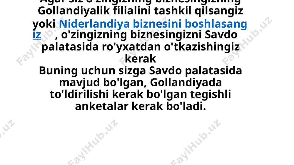 sh haqidan soliq qo'shilgan qiymat solig'i savdo-sanoat palatasida ro'yxatdan o'tgandan so'ng, sizning ma'lumotlaringiz avtomatik ravishda soliq idorasiga yuboriladi. keyin soliq organlari siz to'lashingiz kerak bo'lgan soliqlarni hisoblab chiqadi. agar siz biznesni sheriklik yoki yakka tartibdagi savdo sifatida ro'yxatdan o'tkazsangiz, shaxsiy daromad solig'i bilan shug'ullanishingiz kerak bo'ladi. daromad solig'ining oqibatlari ushbu maqolalar turkumining uchinchisida muhokama qilinadi. gollandiyada korporativ daromad solig'i agar siz gollandiyada foyda ko'rsangiz, foyda bo'yicha korporativ daromad solig'ini to'lashingiz kerak. gollandiyalik daromad solig'i stavkalari (2013 yilda) quyidagicha: 200.000 evrogacha bo'lgan foyda uchun 20 foiz 200.000 evrodan yuqori foyda uchun 25 foiz soliq yili taqvimiy yil bilan bir xil: 1 yanvardan 31 dekabrigacha. yuridik shaxslar daromadlari to'g'risidagi deklaratsiyalar soliq idorasiga keyingi yilning 1 iyuliga qadar topshirilishi kerak. masalan, 2013 yilgi soliq deklaratsiyasi 2014 yil 1 iyulgacha topshirilishi kerak. ish haqidan soliq agar sizning kompaniyangiz gollandiyada xodimlarni ish bilan ta'minlasa, unda gollandiyaning ish haqi bo'yicha soliq ularning ish haqidan ushlab qolinadi. …