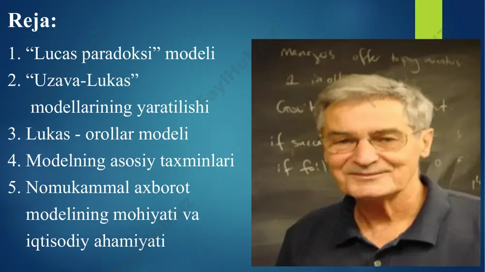 hi ko'plab rivojlanayotgan mamlakatlarda investitsiyalarning kutilayotgan rentabelligi yuqori bo'lishi mumkin bo'lsa-da, ushbu kutilayotgan daromadlar bilan bog'liq bo'lgan noaniqlik darajasi yuqori bo'lganligi sababli u erda oqim bo'lmaydi. udzawa - lukas modeli udzawa -lukas modeli ( lukas modeli ingliz uzava - lukas model ) - ikki sektorli model mukammal raqobat sharoitida endogen iqtisodiy o'sish , ta'lim sohasida shaxsiylashtirilgan inson kapitalini to'plashdan tashqi ta'sirlar tufayli barqaror iqtisodiy o'sish imkoniyatini ko'rsatadi . model iqtisodiy agentlarning ta'lim darajasi to'g'risidagi qarorlari ilmiy-texnika taraqqiyoti bilan bir qatorda barqaror iqtisodiy o'sish manbai bo'lishi mumkinligini ko'rsatadi . uzava -lukas modeli inson kapitali va uning tashqi ta'sirini o'rganishga qo'shilgan hissadir . modelning asl nusxasi xirofumi tomonidan ishlab chiqilgan 1965 yilda udzawa , keyinchalik robert lukas tomonidan 1988 yilda sezilarli darajada kengaytirildi. хирофуми удзава yaratilish tarixi iqtisodiyot bo'yicha bo'lajak nobel mukofoti sovrindori robert lukas boshqacha talqinni taklif qildi: uning fikricha, tashqi omillar inson kapitalidan kelib chiqqan. xirofumining modeliga asoslangan udzawa , …