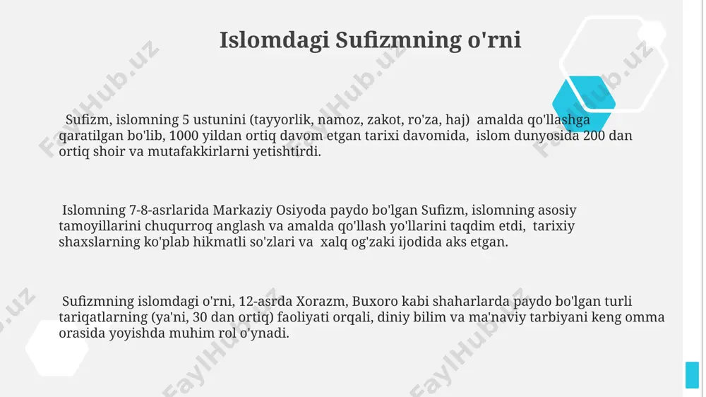 istonda yangi avlod sufiylarni tayyorlashga qaratilgan 5 ta loyiha amalga oshirilmoqda. turkiston mintaqasida, xususan samarqand va buxoroda, sufizm markazlari sifatida 3 ta yangi madrasaning ochilishi, bu ta'limotning kelajagi uchun ijobiy omil hisoblanadi. sufizmning kelajagi, 21-asrda globalizatsiya jarayonlari tufayli, 100 dan ortiq mamlakatda, jumladan, amerika va yevropa davlatlarida ham, kengroq tarqalishi bilan bog'liq. sufizm tushunchasi sufizm, 8-13-asrlar oraligʻida markaziy osiyo, jumladan, buxoro va samarqand kabi shaharlarda keng tarqalgan islomning mistik yoʻnalishi boʻlib, tafakkur va amaliy hayotga alohida eʼtibor qaratgan. sufizmning asosiy maqsadi, allohga yaqinlashish yoʻllarini koʻrsatib berish va 12 ta fazildan iborat insoniy mukammallikka erishishdir, bu esa nafsni poklash orqali amalga oshiriladi. sufiylik tarixida 7ta asosiy tariqat mavjud boʻlib, ularning har biri oʻziga xos qoidalar va marosimlarga ega boʻlib, taʼlim berish uslublari bilan farqlanadi. mashhur sufiy shaxslar alisher navoiy (1441-1501), buyuk movarounnahr shoiri va davlat arbobi bo'lib, uning she'rlari va tasavvuf falsafasiga bag'ishlangan asarlari uning chuqur tasavvuf ruhini aks ettiradi. rumiy …