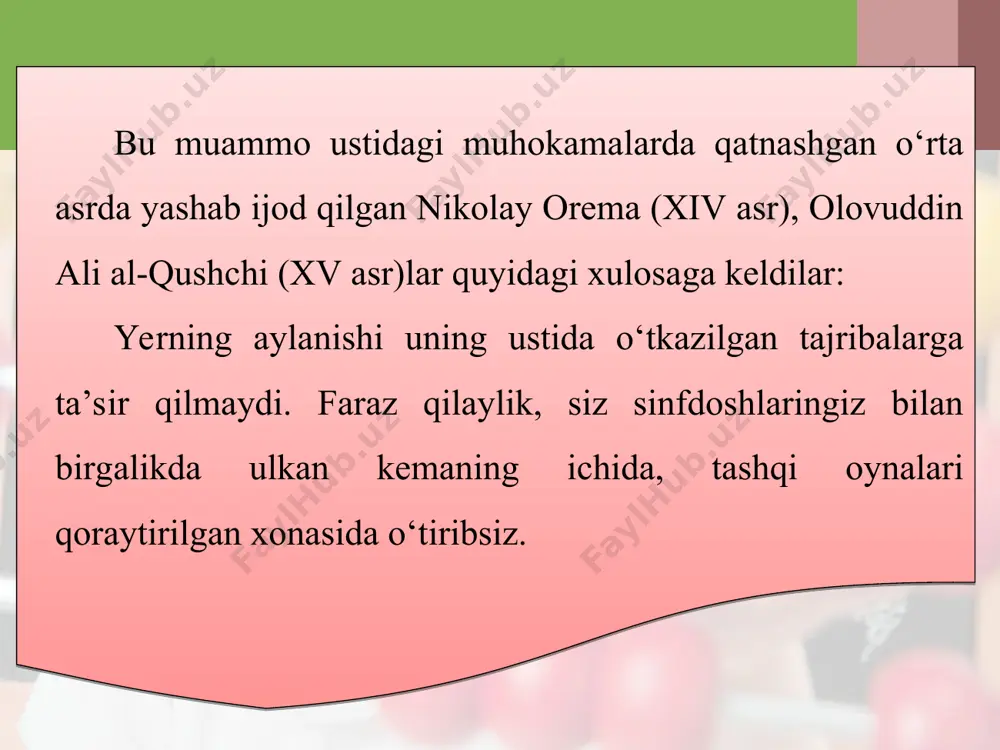 masalan, bu tezlanish ekvatorda 0,035 m/s2 ga teng bo‘lib, erkin tushish tezlanishiga nisbatan juda ham kichik. shunga ko‘ra, uni hisobga olmasdan, harakatni tekis deb qarash mumkin. yerning quyosh atrofi da aylanishidagi tezlanish bundan ham kichik. shunga ko‘ra yerni inersial sanoq sistemasiga kiritamiz. xuddi shunday, yerga nisbatan to‘g‘ri chiziqli tekis harakatlanayotgan poyezdni ham inersial sanoq sistemasiga kiritsa bo‘ladi. yuqorida ta’kidlanganidek, to‘g‘ri chiziqli tekis harakatlanayotgan sistemalarda nyuton qonunlari o‘rinli bo‘ladi. agar sanoq sistemasi egri chiziqli yoki tezlanish bilan harakatlanayotgan bo‘lsa-chi? bunday sistemalar noinersial sanoq sistemalari deyiladi. qanday qilib noinersial sanoq sistemalarida nyuton qonunlaridan foydalanish mumkin? undan foydalanish uchun tezlanish hosil bo‘lish sababini eslaylik. tezlanish hosil bo‘lish sababi – bu kuch. demak, nyutonning ikkinchi qonunidan foydalanish uchun jismga boshqa jismlar tomonidan ta’sir qilayotgan kuchlar bilan birgalikda inersiya kuchini kiritamiz. inersiya kuchi jismga boshqa jismlar tomonidan emas, balki sanoq sistemasi tezlanish bilan harakatlanishi tufayli ta’sir qiladi. u holda nyutonning ikkinchi qonuni quyidagi aytilganlarni misolda …