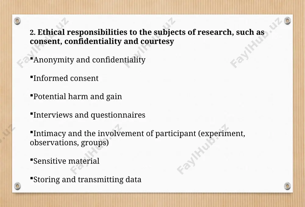 their involvement. in ethnographic research, the researcher is likely to come into contact with a wide spectrum of people, and ensuring that absolutely everyone has the opportunity for informed consent is not practicable, because it would be extremely disruptive in everyday contexts. invasion of privacy privacy is very much linked to the notion of informed consent the research participant does not abrogate the right to privacy entirely by providing informed consent covert methods are usually deemed to be violations of the privacy principle the issue of privacy is invariably linked to issues of anonymity and confidentiality in the research process lies, damned lies and research deception usually means we represent our research as something other than it is, so that participants will respond more naturally this means it is quite a widespread practice so deception means not telling the whole truth, while not actually telling a lie we must be …