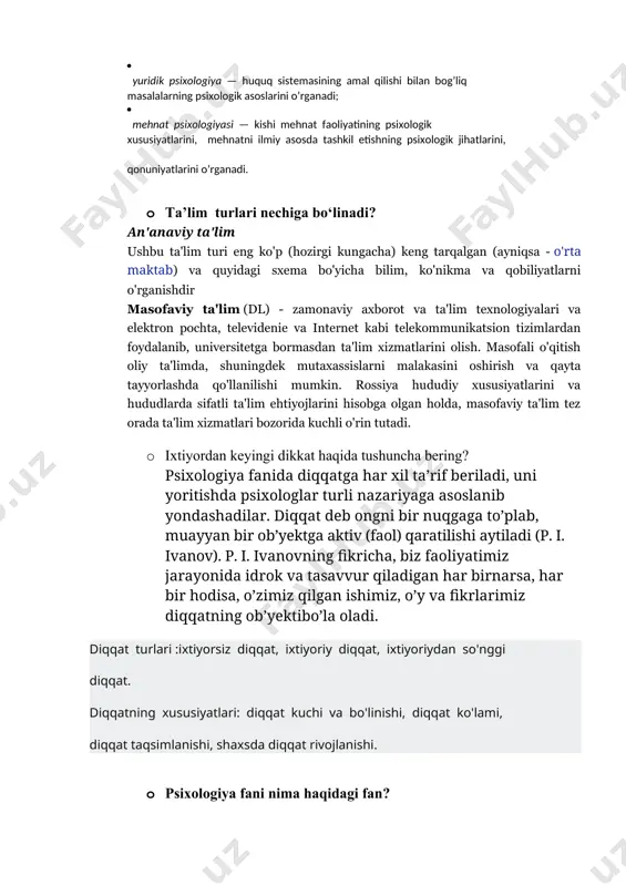 anadigan maxsus sohasi; pedagogik psixologiya — kishiga ta’lim va tarbiya berishning psixologik qonuniyatlarini o’rganishni o’z predmeti deb biladi; yosh davrlari psixologiyasi — turli yoshdagi odamlarning tug’ilgandan to umrining oxirigacha psixik rivojlanish jarayonini, shaxsning shakllanishi va o’zaro munosabatlari qonuniyatlarini individning yoshiga mos tarzda o’zgarishi tamoyillarini o’rganadi; ijtimoiy psixologiya — odamlarning jamiyatdagi birgalikdagi ish faoliyatlari natijasida ularda hosil bo’ladigan tasavvurlar, fikrlar, e’tiqodlar, hissiy kechinmalar va xulq-atvorlarini o’rganadi; yuridik psixologiya — huquq sistemasining amal qilishi bilan bog’liq masalalarning psixologik asoslarini o’rganadi; mehnat psixologiyasi — kishi mehnat faoliyatining psixologik xususiyatlarini, mehnatni ilmiy asosda tashkil etishning psixologik jihatlarini, qonuniyatlarini o’rganadi. · ta’lim turlari nechiga bo‘linadi? an'anaviy ta'lim ushbu ta'lim turi eng ko'p (hozirgi kungacha) keng tarqalgan (ayniqsa - o'rta maktab) va quyidagi sxema bo'yicha bilim, ko'nikma va qobiliyatlarni o'rganishdir masofaviy ta'lim (dl) - zamonaviy axborot va ta'lim texnologiyalari va elektron pochta, televidenie va internet kabi telekommunikatsion tizimlardan foydalanib, universitetga bormasdan ta'lim xizmatlarini olish. masofali o'qitish …