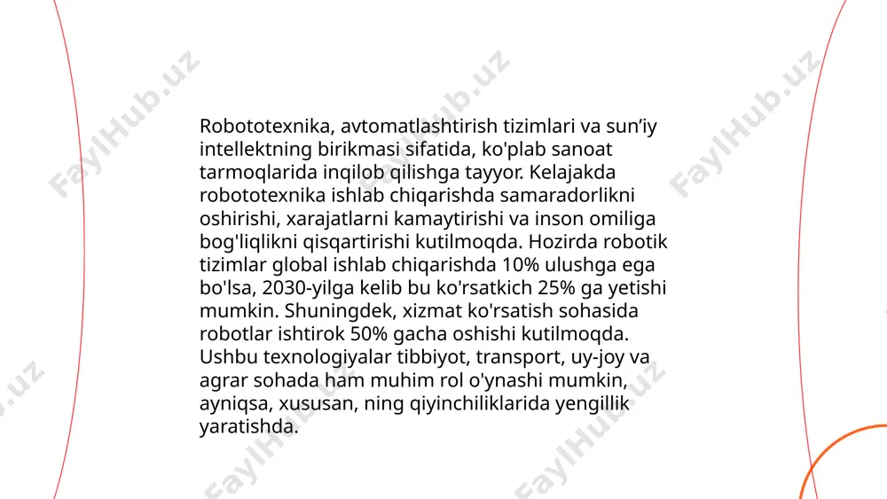 i. jumladan, 2025 yilga kelib, global miqyosda 1.7 milliarddan ortiq 5g ulanishlar kutilmoqda, va bu esa iqtisodiyotda sezilarli o'sish imkoniyatlarini keltirib chiqaradi. ... t.me/slaydai_bot virtual va qo'shimcha haqiqat (vr/ar) texnologiyalari so'nggi yillarda jadal rivojlanmoqda. 2022-yilda global vr/ar bozori hajmi $30,7 milliardga yetdi va 2026-yilga borib $296,9 milliardga o'sishi kutilmoqda. vr texnologiyalari foydalanuvchilarga sun'iy muhitni ko'rish va unda harakat qilish imkonini beradi. ar texnologiyalari esa haqiqiy dunyoga raqamli axborotni qo'shadi. o'quv dasturlarida ar 45% o'quv vaqtini qisqartiradi. 2021-yilda ta’limda ar-dan foydalanish 50% o'sdi. tibbiyotda vr jarrohlik simulyatsiyasida 30% aniqroq operatsiyalarni qo'llashga yordam beradi. vr va ar o'yinlar sohasi 2023-yilda $11,6 milliard qiymatga yetdi. ... t.me/slaydai_bot 10. biomexanika va wearable texnologiyalar biomexanika va wearable texnologiyalar sohasida inson harakatini o'rganish va sog'liqni saqlash uchun ilg'or yechimlar taklif qilinadi. biomexanika orqali tana qismidagi stress va kuchlanishlarni aniqroq o'lchash imkoniyatlari yaratiladi. wearable texnologiyalar, masalan, fitnes trekerlar va aqlli soatlar, real vaqtda yurak urish tezligi, qadamlar …