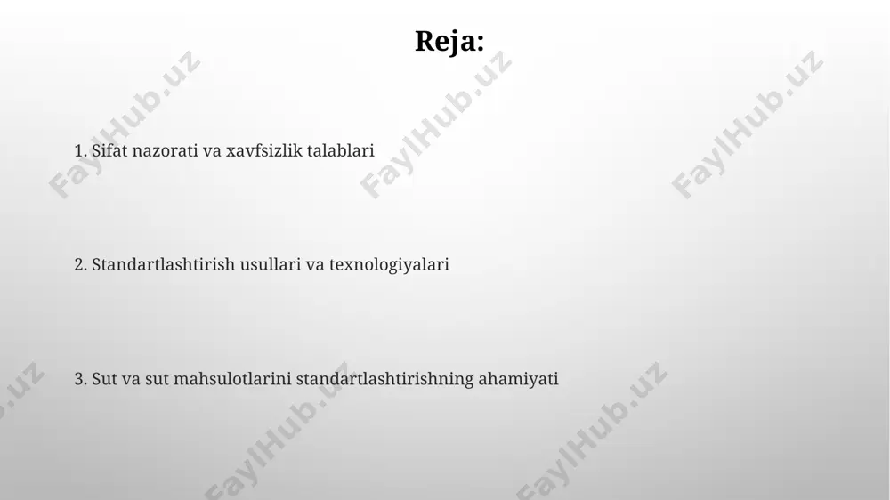 sut va sut mahsulotlari uchun belgilashda kamida 3 raqamli partiya raqami, ishlab chiqarish sanasi va yaroqlilik muddati kabi muhim maʼlumotlar koʻrsatilishi shart. sut mahsulotlarining standartlashuvi (pishloq, qatiq, smetana) pishloq ishlab chiqarishda standartlashtirish, namlik miqdori 40-60% oralig'ida bo'lishi, yog' miqdori esa turga qarab 10% dan 60% gacha o'zgarishi kerakligini belgilaydi. qatiqning standartlashuvi, undagi sut kislotasi bakteriyalari soni va ph darajasini (odatda 4.0-4.5 oralig'ida) nazorat qilishni o'z ichiga oladi, sifatni ta'minlash uchun. ishlab chiqarish jarayonlarini standartlashtirish sut va sut mahsulotlari ishlab chiqarish jarayonlarini standartlashtirish, mahsulot sifatining barqarorligini ta'minlash uchun muhim boʻlib, 90% dan ortiq sifat koʻrsatkichlarining bir xilligini kafolatlaydi. standartlashtirish, xom ashyo sifatiga qoʻyiladigan talablarni aniqlash, texnologik parametrlarni (harorat, vaqt, bosim) belgilash va mahsulotning fizik-kimyoviy xususiyatlarini nazorat qilishni oʻz ichiga oladi. sut tarkibining standartlashuvi сутнинг қуруқ модда миқдори (кам дегидратация), стандартлаштиришда 11,5% дан 12,5% гача бўлган кўрсаткичлар оптимал деб ҳисобланади ва маҳсулот сифатининг муҳим кўрсаткичи ҳисобланади. сут таркибидаги ёғ миқдорини стандартлаштириш учун …