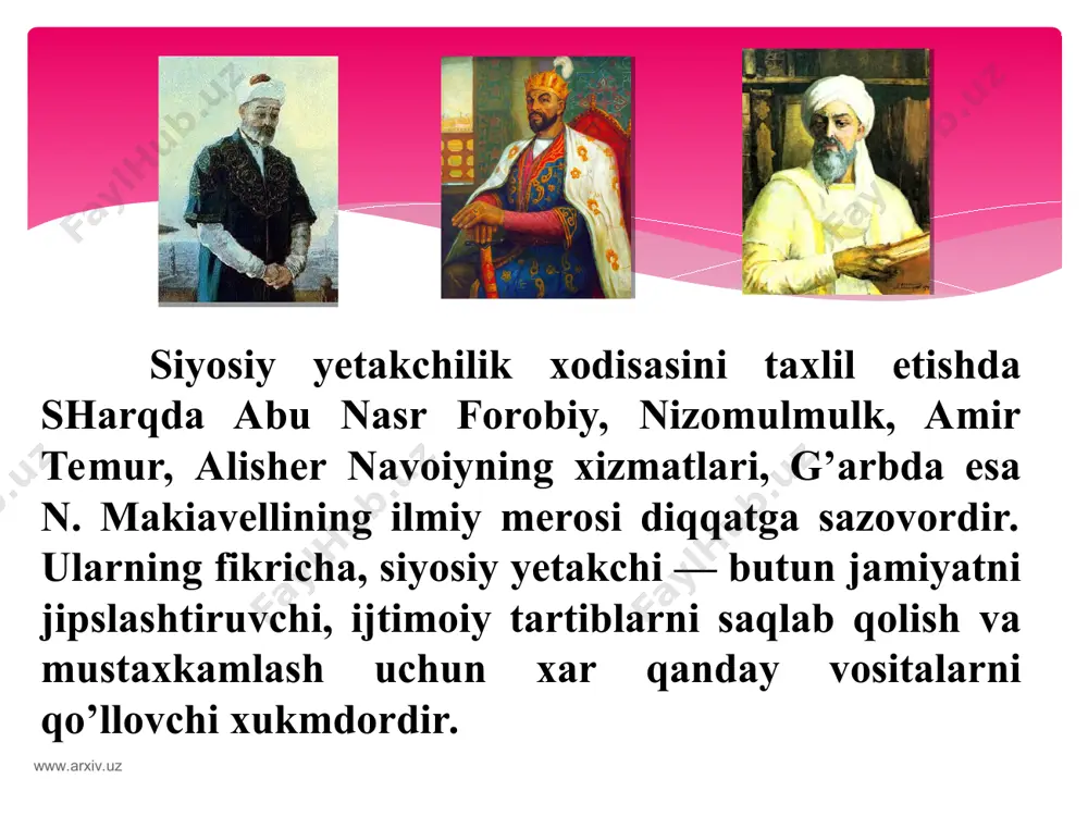 kimlik vakolatlarining oqilligi, qonuniyligi to’g’risidagi tasavvurlarga asoslanadi. chunki, jamiyat taraqqiyotidagi nisbatan tinch davrlarda tarixiy anhanalarni asrab-avaylovchi va zaruriy isloxotlarni amalga oshiruvchi ratsional-legal yetakchilarga ijtimoiy extiyoj, zarurat yuzaga keladi. ratsional-legal yetakchilik www.arxiv.uz www.arxiv.uz xozirgi zamon siyosatshunosligida yetakchilarning 4 ta yig’ma timsoli aytib o’tiladi: 1) bayroqdor yoki buyuk inson; 2) xizmatchi; 3) savdogar; 4) o’t o’chiruvchi. yig’ma timsoli www.arxiv.uz www.arxiv.uz yetakchilarning vazifalari ular faoliyatining bosh yo’nalishidir. vazifalar doirasi siyosiy tartibot, fuqarolik jamiyatining yetukligi, axoli turmush darajasi kabi omillarga bog’-liq bo’lib, birinchidan, jamiyatdagi vaziyatni taxlil etish va baxolashni mo’ljallovchi tashxisni; ikkinchidan, ijtimoiy muammolarni xal etishga xizmat qiluvchi faoliyat yo’nalishi va dasturini aniqlashni; uchinchidan, maqsadlarni amalga oshirish uchun ijrochilarni (amaldor shaxslar, omma) safarbar etishni qamrab oladi. yetakchilarning vazifalari www.arxiv.uz www.arxiv.uz o’zbekistondagi xozirgi siyosiy yetakchilikning o’ziga xos jixatlari xususida xorijlik mutaxassislarning xam fikr-muloxazalari ehtiborga loyiq. o’zbekistondagi siyosiy tizim va boshqaruvdagi xususiyatlarni taxlil qilish, ularning fikrlaricha, bu yerdagi yetakchilikda ijtimoiy-siyosiy vaziyat taqozo etayotgan o’ziga xos avtoritarizmni …