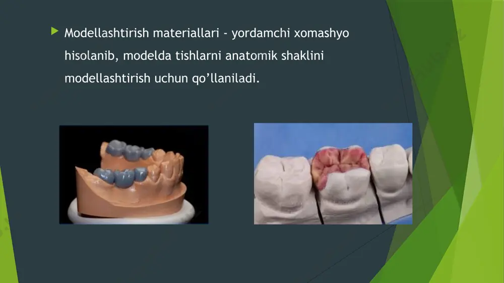 i 2%, bo'yoqlar 0,01%. quyma modellashtirish mumi: quyma formodent – byugel protezlarini mumli tarkibiy qismlarini tayyorlashda qo’llaniladi; qattiq formodent: yashil rangli to’tburchak shakldagi plitalar, byugel protezlari karkas qismini modellashtirishda ishlatiladi. profil mumlar: chiqarish shakli: qizil va yashil rangli tayoqchalar; protezlarni metal tarkibiy qismlari modellashtirishda qo’llaniladi; abraziv mariallarni tabiiy va sun'iy deb tasniflash mumkin. tabiiylarga - bo'r, pemza, granata, "zumrad", korund va olmos kiradi. sun'iy abraziv moddalar kimyoviy yo'l bilan olinadi. eng keng tarqalgan: elektrokorund, kremniy karbid, bor karbid, volfram karbid, shuningdek nitritlar (elbor). elektrokorund - alyuminiy oksidi bo'lgan jinslardan sun'iy ravishda olingan kristalli alyuminiy oksidi. oddiy elektrokorund (tarkibida 87% alyuminiy oksidi mavjud), oq elektrokorund (97% gacha), monokorund (99% gacha) mavjud. kremniy karbid (karborund) – kremniyning uglerod bilan birikmasi. kremniy karbidining ikki turi mavjud: qora kremniy karbid (tarkibida kamida 95% sic mavjud) va yashil kremniy karbid (97% sic dan yuqori). karbid bor volfram karbid volfram karbid borlar tayyorlashda va ma'lum silliqlash …