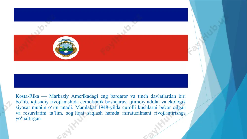 milliard aqsh dollarini tashkil etgan. asosiy import tovarlari: yoqilg‘i va energetika mahsulotlari – ~15–18% (neft mahsulotlari, gaz, avtomobil yoqilg‘ilari — kosta-rikada o‘z neft konlari yo‘q) mashina va uskunalar – ~20% (sanoat jihozlari, kompyuterlar, elektr qurilmalar, telekommunikatsiya texnikasi) transport vositalari – ~10% (avtomobillar, ehtiyot qismlar) kimyo mahsulotlari – ~10% (farmatsevtika xomashyosi, kimyoviy o‘g‘itlar, plastik mahsulotlar) oziq-ovqat va ichimliklar – ~8% (bug‘doy, soya, hayvon yemi, alkogol mahsulotlar) to‘qimachilik va kiyim-kechak – ~5% (tayyor kiyimlar, matolar) asosiy import hamkorlari: aqsh – eng yirik import hamkori (~35–40%) xitoy – texnika va elektronika mahsulotlari meksika, panama, braziliya – mintaqaviy yetkazib beruvchilar yevropa ittifoqi – tibbiy va texnologik mahsulotlar savdo balansiga qisqacha izoh: kosta-rikaning tashqi savdo balansi salbiy, ya’ni import hajmi eksportdan yuqori. bu asosan energiya va yuqori texnologiyali mahsulotlarga qaramlik bilan bog‘liq. biroq xizmatlar eksporti (ayniqsa turizm va it) bu farqni qisman qoplaydi. iqtisodiy siyosat va barqaror rivojlanish: kosta-rika o‘z iqtisodiy siyosatini ijtimoiy farovonlik, barqaror …