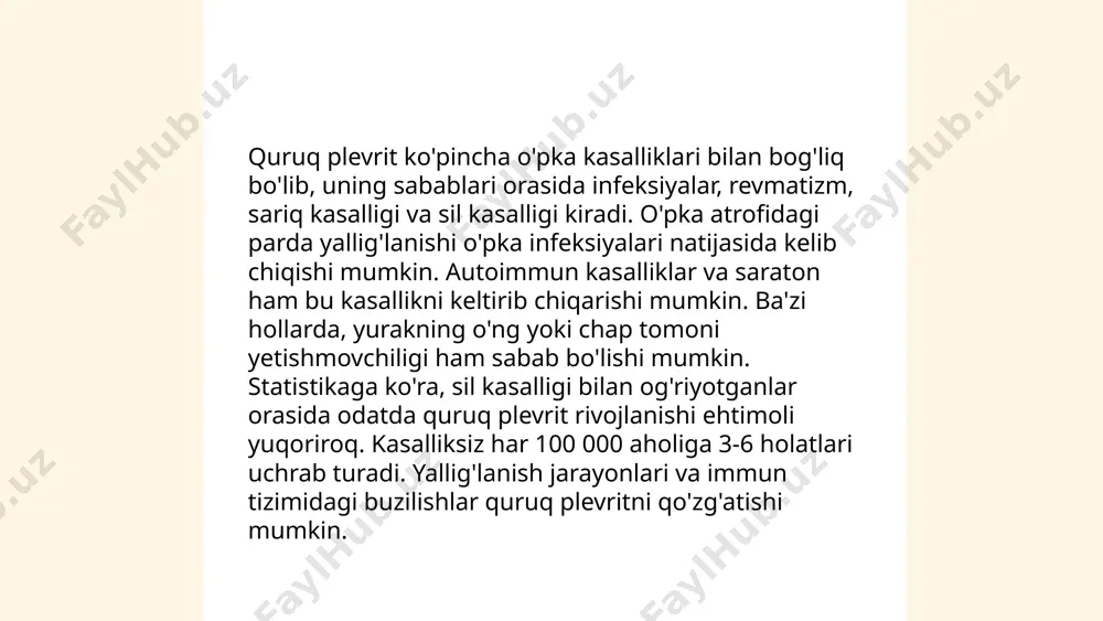 roksen tavsiya etiladi. og‘riqni boshqarish uchun analgetiklar ishlatilishi mumkin. ba'zida fizioterapiya va nafas olish mashqlari plevra suyuqligining to‘g‘ri aylanishiga yordam beradi. agar kerak bo‘lsa, plevral drenaj qilingan yordamida moddalar chiqariladi. davolash davomiyligi odatda asosiy sabab va simptomlar og‘irligiga qarab o'zgaradi. ... t.me/slaydai_bot eksudativ plevritni davolash tashxis va plevraning asosiy sababiga qarab belgilanadi. dastlabki davolash ortiqcha suyuqlikni torakosentez usuli bilan chiqarishdan iborat bo'lib, bu nafas olishni yengillashtiradi va analiz uchun material beradi. antibiotiklar, masalan, bakterial infeksiyani davolash uchun buyurilishi mumkin. tüberküloz plevriti bo'lsa, tuberkulezga qarshi preparatlar qo'llaniladi. agar yurak yetishmovchiligi sababli eksudativ plevrit bo'lsa, diuretik va yurakni qo'llab-quvvatlovchi dori-darmonlar muhimdir. yallig'lanishni kamaytirish uchun kortikosteroidlar ham tavsiya etilishi mumkin. har bir davolash usuli individual holatga muvofiq belgilanishi lozim. ... t.me/slaydai_bot plevritda davolash jarayonida quyidagi dori vositalari qo‘llaniladi: yallig‘lanishni kamaytiruvchi dorilar (masalan, ibuprofen yoki aspirin), og‘riqni qoldiruvchi analgetiklar, antibiotiklar (agar infektsion sabab bo‘lsa), va kortikosteroidlar yallig‘lanishni kuchli ravishda pasaytirish uchun. agar suyuqlik yig‘ilishi …