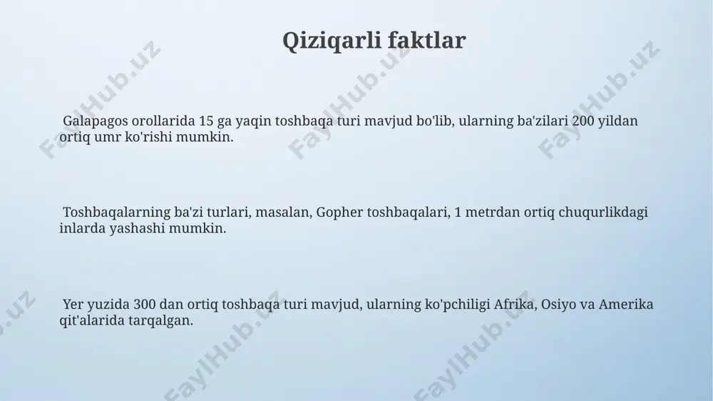 entsiatsiyasi (tsd)ni o'rganishda, 25-30°c oralig'idagi inkubatsiya harorati toshbaqaning jinsini aniqlashda kalit rol o'ynaydi. toshbaqalarning yashash muhitini o'rganish uchun, 5-10 yil davomida amalga oshiriladigan kuzatuvlar va 1000 dan ortiq namunalarning biometrik ma'lumotlarini tahlil qilish zarur. toshbaqalarni o'rganishda 100 dan ortiq turdagi toshbaqalarning geografik tarqalishi, masalan, markaziy osiyo va janubiy amerikadagi populatsiyalarining genetik tahlili muhim ahamiyatga ega. yashash muhiti va tarqalishi toshbaqalar 300 dan ortiq turga ega boʻlib, ularning 60 foizi afrikaning janubiy va sharqiy hududlarida, shu jumladan madagaskar orolida tarqalgan. dengiz toshbaqalarining 7 turi mavjud boʻlib, ularning barchasi jahon okeanining tropik va subtropik suvlarida, masalan, avstraliya yaqinidagi katta toʻsiq riflarida uchraydi. quruqlik toshbaqalarining 50 ga yaqin turi markaziy osiyo, janubiy amerika va shimoliy afrikaning choʻl va yarim choʻl hududlarida, masalan, turkmanistonning karakum choʻlida yashaydi. toshbaqalarning ekologik ahamiyati o'rta osiyo cho'llarida yashovchi toshbaqalar, tuproqning havo o'tkazuvchanligini yaxshilaydi va 10% gacha biologik xilma-xillikni oshiradi. toshbaqalar, ayniqsa, galapagos orollaridagi yirik turlari, o'simlik urug'larini tarqatishda …