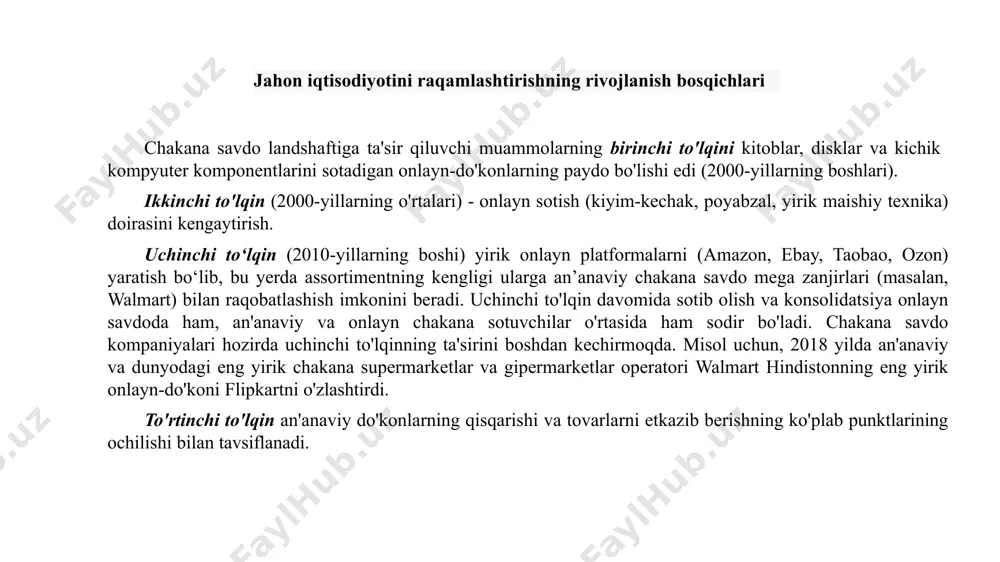 nes geografiyasini kengaytirish. xulosa: raqamlashtirish va u bilan bog'liq robototexnika va sun'iy intellekt texnologiyalari aholining ko'pchiligi o'rtasida ishonchsizlik va tashvish hissini kuchaytiradi. – aholi sog‘liqni saqlash, ta’lim, atrof-muhitni muhofaza qilish, ijtimoiy faollikni rivojlantirish va ijtimoiy boshqaruv jarayonlariga jalb qilish kabi sohalarni raqamlashtirish natijasida rivojlanishning ijobiy istiqbollarini ko‘rmoqda. - shu bilan birga, aholi: ishsizlikning yanada kuchayishi, moddiy turmush sharoitining yomonlashishi, jismoniy muloqotning qisqarishi tufayli jamiyatga ishonchning pasayishi va virtual makonda izolyatsiya qilinishidan qo'rqishadi. 2. tovar va xizmatlarning jahon savdosi jahon savdosi an'anaviy bo'lib, tarixan birinchi va hozirda xim ning asosiy shakllaridan biri hisoblanadi. u xalqaro mehnat taqsimotining miqdoriy ifodasi bo'lib xizmat qiladi, uning foydalari ishlab chiqarish samaradorligini oshirish, ishlab chiqarish xarajatlarini pasaytirish va iqtisodiy manfaatlarni eng yaxshi qondirishni izlash bilan bog'liq. eksport qilishda mamlakat yuqori jahon narxi va past ichki narx o'rtasidagi farq bilan o'lchanadigan foyda oladi. import qilishda muayyan turdagi mahsulotni milliy ishlab chiqarishdan voz kechish asosida ichki xarajatlar tejaladi, …
