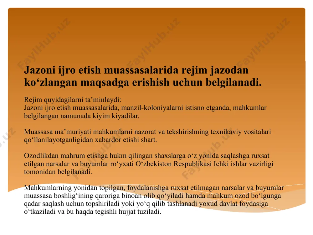 mlar) bilan o‘zaro munosabatlari vaqtida ushbu muloqotni qayd etish tartibini belgilaydi. 2. mazkur nizomda quyidagi asosiy tushunchalar qo‘llaniladi: maxsus moslamalar — maxsus avtomatlashtirilgan audio, foto va video qayd etish texnika vositalari yoki mobil komplekslar; mahkum — o‘zbekiston respublikasi jinoyat kodeksida belgilangan moddalarda ko‘rsatilgan jinoyatlarni sodir etib, sud hukmiga asosan jiemga jazo muddatini o‘tash uchun keltirilgan shaxs; nazorat — jiemda mahkumlar tomonidan sodir etilishi mumkin bo‘lgan jinoyat va tartibbuzarliklarning oldini olishga qaratilgan tizim; tartibbuzarlik — mahkumlar tomonidan jazoni o‘tash tartibi va shartlariga rioya qilmasdan, o‘z majburiyatlarini bajarmasligi oqibatida sodir etilgan holat. ozodlikdan mahrum etishga hukm qilingan shaxslarga qisqa muddatli va uzoq muddatli uchrashuv huquqi beriladi. mahkumlarga qarindoshlari yoki boshqa shaxslar bilan muddati 4 soatgacha bo‘lgan qisqa muddatli uchrashuvga ruxsat beriladi. mahkumlarga yaqin qarindoshlari (er, xotin, ota-onalar, bolalar, o‘g‘il (qiz) qilib olgan shaxslar, o‘g‘il (qiz) qilib olingan shaxslar, aka-ukalar, opa-singillar, buvalar, buvilar, nevaralar) bilan uzoq muddatli uchrashuv muassasa hududida yoki, ushbu kodeksning …