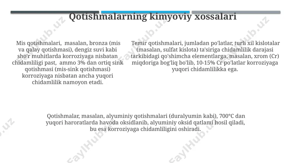 ishi temir qotishmalari, masalan, po'lat, avtomobilsozlikda keng qo'llaniladi. dunyo bo'yicha 2022 yilda 100 milliondan ortiq avtomobil ishlab chiqarilgan bo'lib, ularning aksariyatida turli xil po'lat navlari ishlatilgan. mis qotishmalari, masalan, bronza va guruch, elektr simlari va qurilishda, xususan, 19-asr o'zbekistoni binolarida keng ishlatilgan. alyuminiy va uning qotishmalari aviatsiya sanoatida muhim ahamiyatga ega. masalan, boeing 787 dreamliner samolyotining 50% dan ortiq qismi alyuminiy qotishmalaridan tayyorlangan. e'tiboringiz uchun rahmat @taqdimot_robot image1.jpeg