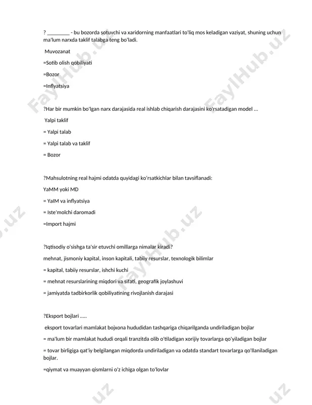 izmatlarga bo'lgan barcha talablar yig'indisi - bu .. yalpi talab = yalpi taklif = talab va taklif to'plami =bozor ? .....- bu davlatning mahalliy ishlab chiqaruvchilarni xorijiy raqobatdan himoya qilishga qaratilgan iqtisodiy siyosati. protektsionizm = erkin savdo =monopolizatsiya =kvota ?iqtisodiy o'sish bu - ko'rib chiqilayotgan davrda real yaim (yoki yamm) hajmining nisbiy o'zgarishi =jami talabdagi alohida tovar va xizmatlar ulushining mutlaq o'zgarishi = kengaytirilgan va bosqichma-bosqich sifat va tarkibning ijobiy ko'payishi = iqtisodiyot, ishlab chiqaruvchi kuchlar, ta'lim, fan, madaniyat, aholi turmush darajasi va sifatidagi o'zgarishlar ?iqtisodiy o'sishning asosiy maqsadlari ..... aholining moddiy farovonligini oshirish; milliy xavfsizlikni saqlash = odamlarning moddiy ehtiyojlari va istaklarini qondirish uchun foydali moddiy ne'matlarni ishlab chiqarish uchun cheklangan resurslardan oqilona foydalanish = korxonaning barqaror ishlashini, uning bozordagi barqarorligini, tizimli va izchil rivojlanishini ta'minlash = ma'lum vaqt davomida ma'lum bir faoliyat uchun sarflangan kapital, moliyaviy, resurs va moddiy resurslardan foyda olish ?iqtisodiy o'sishni rag'batlantiruvchi omillar ..... mehnat …