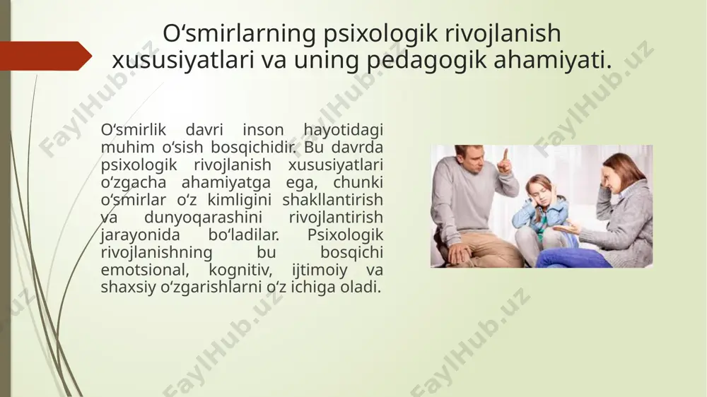 rlar uchun do‘stlar va ijtimoiy guruhlar muhim ahamiyatga ega, chunki ular o‘smirlarning ijtimoiy moslashuvini osonlashtiradi. o‘smirlarning emotsional va kognitiv rivojlanishi: o‘rganish va ta’limga ta’siri. emotsional rivojlanish o‘smirlarning o‘zini anglash, his-tuyg‘ularini boshqarish va boshqa odamlar bilan muloqot qilish ko‘nikmalarini o‘z ichiga oladi. o‘smirlar o‘z his-tuyg‘ularini tushunishda va ifodalashda qiyinchiliklarga duch kelishlari mumkin. biroq, ular bu davrda o‘z hissiyotlarini boshqarishni o‘rganishadi, bu esa ta’lim jarayonida ijobiy o‘zgarishlarga olib keladi. masalan, o‘smirlar sinfdagi darslarga e’tibor berish va o‘z his-tuyg‘ularini tartibga solish orqali yanada samarali o‘rganishlari mumkin. ular emotsional barqarorlikka erishgan sari, o‘rganish jarayoni osonlashadi va o‘zlashtirish darajasi oshadi. kognitiv rivojlanish esa o‘smirlarning fikrlash va tushunish qobiliyatining shakllanishi bilan bog‘liqdir. bu davrda o‘smirlar abstrakt fikrlash, mantiqiy tahlil qilish, savollarni o‘rganish va yangi bilimlarni olish imkoniyatiga ega bo‘ladilar. ularning fikrlash qobiliyati rivojlanishi, o‘rganish usullarini o‘zgartirish, muammolarni hal qilish va o‘qish jarayonini samarali tarzda tashkil etishga yordam beradi. o‘smirlar tez-tez savollar berishadi, bu esa ular uchun …