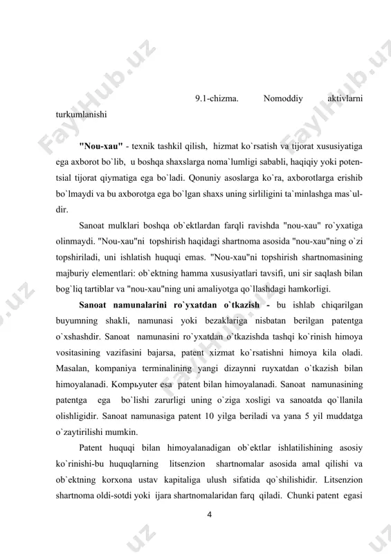 solinadigan ob`ektlarga kompyuterlar uchun dasturlar, ma`lumotlar ba--zasi va shuningdek, ilm-fan, adabiyot, san`at asarlari misol bo`la oladi. mualliflik huquqi bilan boshqariladigan ob`ektlarni ro`yxatdan o`tka-zish shart emas. muallif o`z asarini ob`ekt ko`rinishida namoyon qilishi va uni istalgan vaqtda ko`rsatib berishi shart. mualliflik huquqi ob`ektlarni topshi-rishning huquqiy ko`rinishi, ya`ni mualliflik shartnomasidir. ma`lum turdagi faoliyat bilan shug`ullanish huquqini beruvchi litsenziyalar misol bo`la oladi. albatta, bunda litsenziya bir yildan ortiq muddatga berilgan bo`lishi kerak. kashfiyot agar yangi kashfiyot bo`lsa va sanoatda qo`llanila olsa yoki ma`lum bo`lgan asbob-uskunalar, shtamp, kimyoviy moddalardan yangicha tarzda ko`llanilsa, ular ham qonuniy ravishda himoyalanishi mumkin. kashfiyotlarga patent 20 yilga beriladi va u kashfiyotning ustunliklarini, muallifligini tasdiqlovchi hujjat sanaladi va uni ishlatishga huquq beradi. savdo markalari va tovar belgisi. savdo markalari (masalan: nestle, adi-das) yoki savdo namunalari (koka-kola) kompaniyalar tomonidan mahsulot yoki xiz-mat uchun berilgan nomlar yoki identifikatsiyani aniqlovchi boshqa ramzlar ular egalik qilishni asosli ravishda olib borish uchun ruyxatdan o`tkazilishi mumkin. …