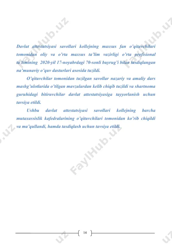 0 10. xirurgiya va reanimatsiyada hamshiralik ishi--------------------------------------------- 10 11. otorinolaringologik kasalliklarda hamshiralik ishi ---------------------------------------11 12. oftolmalogik kasalliklarda hamshiralik ishi ---------------------------------------------- 11 13. favqulotda holatlar tibbiyoti --------------------------------------------------------------- 12 14. fizioterapiya va massaj ----------------------------------------------------------------------13 v a z i y a t l i m a s a l a l a r t o’ p l a m i 1. “hamshiralik ishi asoslari” ------------------------------------------------------------------13 2. pediatriyada hamshiralik ishi ---------------------------------------------------------------14 3. akusherlik va ginekologiyada hamshiralik ishi -----------------------------------------15 4. yuqumli kasalliklarda hamshiralik ishi ---------------------------------------------------16 5. jamoada hamshiralik ishi --------------------------------------------------------------------18 6. xirurgiya va reanimatsiyada hamshiralik ishi ---------------------------------------------20 7. otorinolaringologik kasalliklarda hamshiralik ishi ---------------------------------------22 8. ko`z kasalliklarida hamshiralik ishi --------------------------------------------------------23 9. terapiyada hamshiralik ishi -----------------------------------------------------------------24 10. asab –ruhiy va narkologik kasalliklarda hamshiralik ishi ------------------------------25 testlar 1. hamshiralik ishi asoslari---------------------------------------------------------------------26 2. pediatriya hamshiralik ishi ------------------------------------------------------------------39 3. akusherlik va ginekologiyada hamshiralik ishi ------------------------------------------46 4. jamoada hamshiralik ishi---------------------------------------------------------------------53 5. yuqumli kasalliklarda hamshiralik ishi----------------------------------------