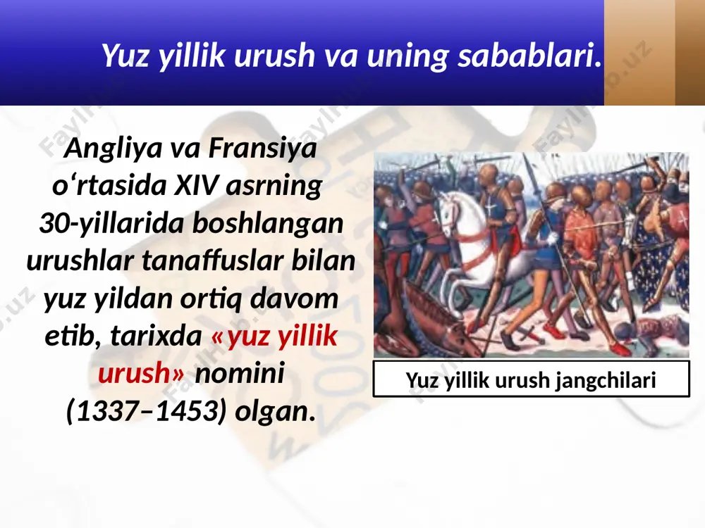 -yil may oyida boshlangan dehqonlar qo‘zg‘oloni tarixda «jekeriya» nomini oladi. qo‘shni viloyatlarga ham tarqalgan qo‘zg‘olonda yuz mingga yaqin kishi qatnashgan. qo‘zg‘olonchilarning shiori «barcha zodagonlarni bitta ham qoldirmay qirib tashlash» edi. bunga ularning dehqonlarga o‘tkazgan og‘ir zulmi sabab bo‘lgan. qo‘zg‘olonchilar feodallar qal’alarini talab, soliq hujjatlarini, ro‘yxatlarini yondirib yuboradilar. ko‘p o‘tmay feodallar birlashib gilom kal boshchiligidagi qo‘zg‘olonni bostiradi. savol va topshiriqlar 1. yuz yillik urushning asosiy sabablari nimada bo‘lgan? 2. nima sababdan urushning dastlabki davrida fransiya qo‘shinlari mag‘lubiyatga uchragan? 3. xaritadan dastlabki bosqichda janglar bo‘lgan joylarni ko‘rsating. 4. jakeriya qo‘zg‘olonining sabablari va ahamiyatini so‘zlab bering. image2.jpg image3.jpeg image4.emf image5.jpeg image6.jpeg image7.jpeg image8.jpeg image9.jpeg image10.png image11.emf image12.jpeg image13.jpeg image14.jpg image15.jpeg image16.jpeg image1.jpg