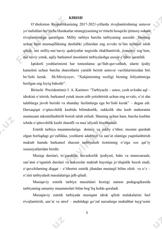 ktabida musiqaviy tarbiya tizimi ko‘pgina elementlardan tashkil topadi, bular: musiqa darsi, musiqadan sinfdan va maktabdan tashqari ish olib borish, xor studiyalari va badiiy havaskorlik to‘garaklari, vokal va cholg‘u ansambllari va hokazo. bu zanjirda ommaviy axborot vositalari juda katta rol o‘ynaydi. tarbiyalovchi va rivojlantiruvchi vositalarning jami musiqaviy – estetik muhitni tashkil etadiki, bu muhitda o‘quvchilarning musiqa sohasidagi qiziqish va ehtiyojlari bunyod bo‘ladi. mamlakatimiz prezidenti shavkat mirziyoyev, mamlakatimizni 2016-yilda ijtimoiy-iqtisodiy rivojlantirishning asosiy yakunlari va 2017-yilga mo‘ljallangan iqtisodiy dasturning eng muhim ustuvor yo‘nalishlariga bag‘ishlangan vazirlar mahkamasining kengaytirilgan majlisida yurtimizdagi tinchlik va farovonlikni mustahkamlash, xalqimizni hayotdan rozi qilish eng muhim vazifa ekanligini ta’kidlab o‘tdilar: “... bu islohotlarning asosiy maqsadi – aholi uchun munosib hayot darajasi va sifatini ta’minlashdir... tanqidiy tahlil, qat’iy tartib-intizom va shaxsiy javobgarlik har bir rahbarni - ... ular faoliyatining kundalik qoidasi bo‘lib qolishi kerak”, - deya ta’kidladilar[footnoteref:1] [1: o’zbekiston respublikasi prezidenti shavkat mirziyoyevning mamlakatimizni 2016 yilda ijtimoiy-iqtisodiy rivojlantirishning asosiy yakunlari va …