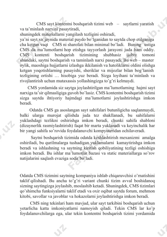rish uchun yetarlicha katta imkoniyatlarni namoyish qiladi. tekin cms lar ko’p foydalanuvchilarga ega, ular tekin kontentni boshqarish tizimi yordamida saytni boshqarish muammolarini hal qilishga yordam beradi. tekin cms larga katta miqdordagi kengaytma va qo’shimchalar mavjud, ular saytni boshqarish jarayonini ancha qulay va funksional qilishga imkon beradi. ammo tekin cms larning salbiy tomoni rasmiy texnik qo’llab quvvatlashning yo’qligi va sayt tarkibini boshqarish tizimida kritik xatolarni to’g’rilash, tezligining paytligidadir. ms haqida · саид мамуров · 8370 · 22.04.2016 08:38 har qanday sayt html (hyper text markup language), javascript, php kabi bir talay tillarga oid kodlardan tashkil topgan sahifalar yig‘indisidan iborat bo‘ladi. html – bu sayt sahifalarini tashkil etishda ishlatiladigan eng asosiy va eng kerakli til hisoblanadi. internet tarmog‘i endigina rivojlana boshlagan va ilk saytlar yaratila boshlan vaqtlarda barcha wyeb saytlar to‘liq html kodlar asosida yaratilgan. bunday saytlar sahifalarida ko‘rish orqali ma’lumotga ega bo‘lishdan boshqa hech qanday amaliyot bajarishning imkoni bo‘lmagan. shuning uchun …