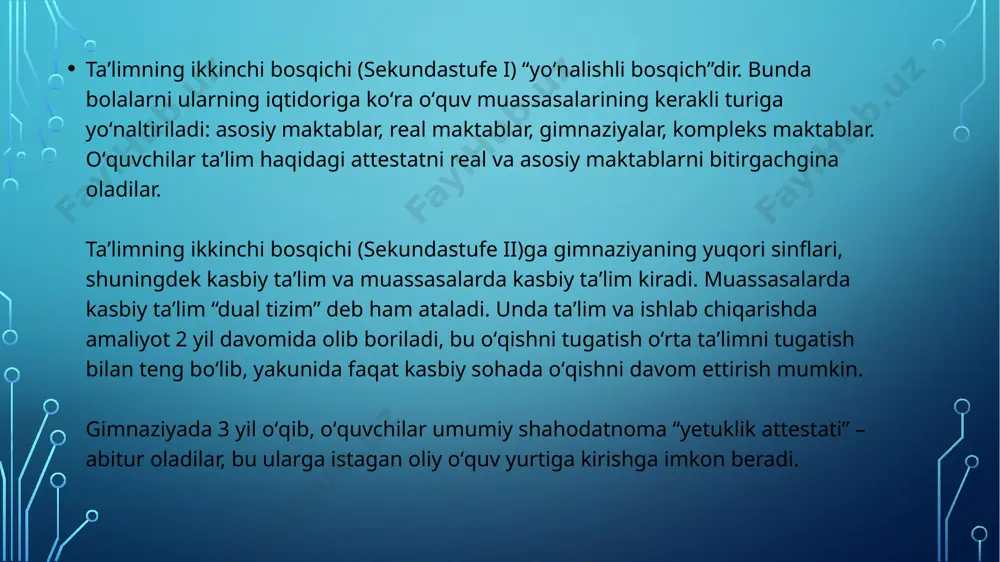 aladi. shuningdek, germaniya oliy ta'limi uch turdagi oliy o'quv yurtlarining kompromisslari. universitetlar ushbu muassasalar tadqiqotga asoslangan va nazariy bo'lgan bir qator ilmiy kurslarni taklif etadi. ko'pincha germaniyaning an'anaviy universitetlarida ular tadqiqotga e'tibor qaratmoqdalar. talabalarga o'qishning ilg'or bosqichini berish uchun. shunday qilib, kurslar nazariy yo'nalishga va tadqiqotga yo'naltirilgan tarkibiy qismlarga ega. germaniyada ta’lim-tarbiya. germaniya- jahon ilm-fan va madaniyat o’choqlaridan biridir. bu mamlakat ildizi asrlarga borib taqaluvchi ilmiy maktablarni, gyote, gegel, betxoven, nitshe, enshteyn singari olim va ijodkorlari bilan dunyoga mashhur. xalqaro doirada e’tirof etilgan olmon ta’lim dargohlarida mustaqil fikr hamda keng dunyoqarash shakllanishiga alohida e’tibor beriladi. ta’lim tizimiga tadbiq etilayotgan yanngi usullar, songgi axborot texnologiyalaridan unumli foydalanmaganlarga esa juda qiyin.taraqqiyot manzili sari oshiqayotgan jamiyatda bilimsiz o’z o’rniga ega bo’lish amri mahol. darvoqe, olmonlarga hos temir intizom, birso’zlilik hislatlari ham aynan ta’lim dargohlarida shakllanadi. germaniya ta’lim tizimi va uning 5 oltin qoidasi tanlash imkoniyati bepul va majburiy ta’lim tafakkur ustaxonasi fikrlayapmanmi, demak, …