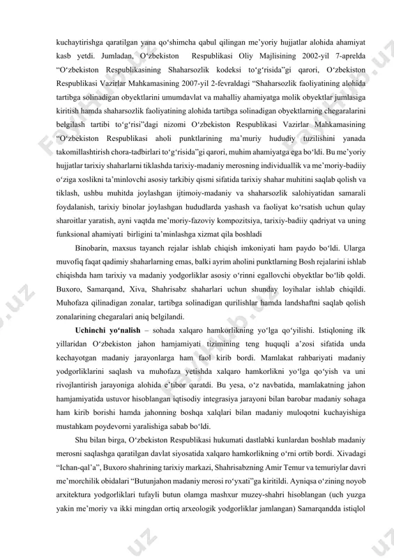 an idoralar va ularning faoliyatida tashkiliy va tuzilmaviy oʻzgarishlar alohida ahamiyat kasb yetdi. jumladan, vazirlar mahkamasining 2002-yil 29-iyuldagi № 269-sonli "madaniy meros obyektlarini muhofaza qilish va ulardan foydalanishni yanada takomillashtirish chora-tadbirlari toʻgʻrisida"gi qarori bilan oʻzbekiston respublikasi madaniyat ishlari vazirligi madaniy meros obyektlarini muhofaza qilish va ulardan foydalanish ilmiy ishlab chiqarish bosh boshqarmasiga aylantirildi. shu bilan birga, ushbu qaror ostida “madaniy meros obyektlarini muhofaza qilish va ulardan foydalanish masalalarini muvofiqlashtirish boʻyicha idoralararo komissiya toʻgʻrisida”, shuningdek, oʻzbekiston respublikasi madaniy meros obyektlari davlat kadastrini yuritish tartibi toʻgʻrisida” hamda “madaniy meros obyektlarining tarixiy-madaniy ekspertizasi toʻgʻrisida” nizomlar tasdiqlandi va amaliyotga joriy etildi. bu bosqichda ham xalqaro miqyosda nishonlangan yubileylar, xususan, termiz shahrining 2500 yilligi, shahrisabzning – 2700, qarshining – 2700, samarqand shahrining – 2750, margʻilonning – 2000, va toshkent shahrining 2200 yilligini nishonlanishi, shuningdek, abduholiq gʻijduvoniy tavalludining 900 yilligi, xorazmdagi ma’mun akademiyasining 1000 yillik yubleylari oʻtkazilishi qadimiy shaharlarimiz va muqaddas ziyoratgohlarning qiyofasiini tubdan oʻzgartirib yubordi. …
