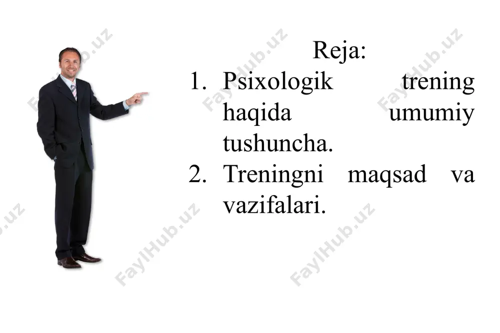 adal o’quv faoliyat turi deb ta’kidlasak ham xato bo’lmaydi. trening – bu turli faoliyat sohalarida keng qo'llaniladigan juda mashhur va keng tarqalgan o'qitish shaklidir. kasbiy muvaffaqiyat ko'plab tarkibiy qismlardan iborat, shu bilan birga, trening texnologiyasi odamning kayfiyatini, muayyan faoliyat turiga bo'lgan munosabatini o'zgartirishga, o'z-o'zini tarbiyalash va o'zini rivojlantirish zarurligini anglashga yordam beradigan o’quv shakllardan biridir. 6 hozirgi davrda insonlarni eng tabiiy bo’lgan muloqotga ehtiyoji, uning sirlaridan xabardor bo’lish, o’zgalarga samarali ta’sir eta olishga intilishining kuchayishi, bo’lajak kadrlarni kelgusi faoliyatlarini samarali amalga oshirishga tayyorlash, shuningdek, rahbar kadrlarni samarali boshqarish usuliga o’rgatish kabi masalalarni yechimini topish borasidagi ishlardan biri – bu sotsial psixologiyaning asosiy sohasi bo’lgan psixologik treninglarni tashkil etishdir. 7 8 xxi asrda kishilarning eng tabiiy bo’lgan muloqotga ehtiyoji, uning muloqot sirlaridan xabardor bo’lish va o’zgalarga samarali ta’sir etishga bo’lgan intilishi yanada oshdi. birinchidan, axborotlashgan jamiyatga o’tganligimiz tufayli axborotlarning ko’pligi aynan inson manfaatiga aloqador ma’lumotlarni saralash, u bilan to’g’ri munosabatda bo’lishni …