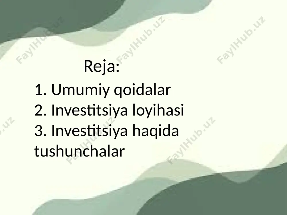 iqtisodiyotida va uning alohida tarmoqlarida investitsiyalarning zarur darajasini va tuzilmasini ta’minlashga, investitsiya faoliyati subyektlarining investitsiya manbalarini topishga va ulardan foydalanishning ustuvor tarmoqlarini aniqlashga yo‘naltirilgan investitsiyaviy faolligini oshirishga doir o‘zaro bog‘liq tadbirlar majmui; investor — foyda olish maqsadida investitsiya faoliyati obyektlariga o‘zining mablag‘larini va (yoki) qarz mablag‘larini yoxud jalb qilingan boshqa investitsiya resurslarini investitsiya qilishni amalga oshiruvchi investitsiya faoliyati subyekti; chet el investitsiyalari — chet ellik investor tomonidan ijtimoiy soha, tadbirkorlik, ilmiy va boshqa faoliyat turlari obyektlariga kiritiladigan moddiy va nomoddiy boyliklar hamda ularga bo‘lgan huquqlar, shu jumladan intellektual mulk obyektlariga bo‘lgan huquqlar, shuningdek reinvestitsiyalar; 4-modda. investitsiyalar va investitsiya faoliyatining asosiy prinsiplari investitsiyalar va investitsiya faoliyatining asosiy prinsiplari quyidagilardan iborat: qonuniylik; oshkoralik va ochiqlik; investitsiya faoliyatini amalga oshirish erkinligi; adolatlilik va investitsiya faoliyati subyektlarining tengligi; investorlarga nisbatan kamsitishga yo‘l qo‘ymaslik; investorlarning vijdonliligi prezumpsiyasi. 6-modda. investitsiyalarni amalga oshirish shakllari investitsiyalarni amalga oshirish shakllari quyidagilardan iborat: yuridik shaxslarni tashkil etish yoki ularning ustav …