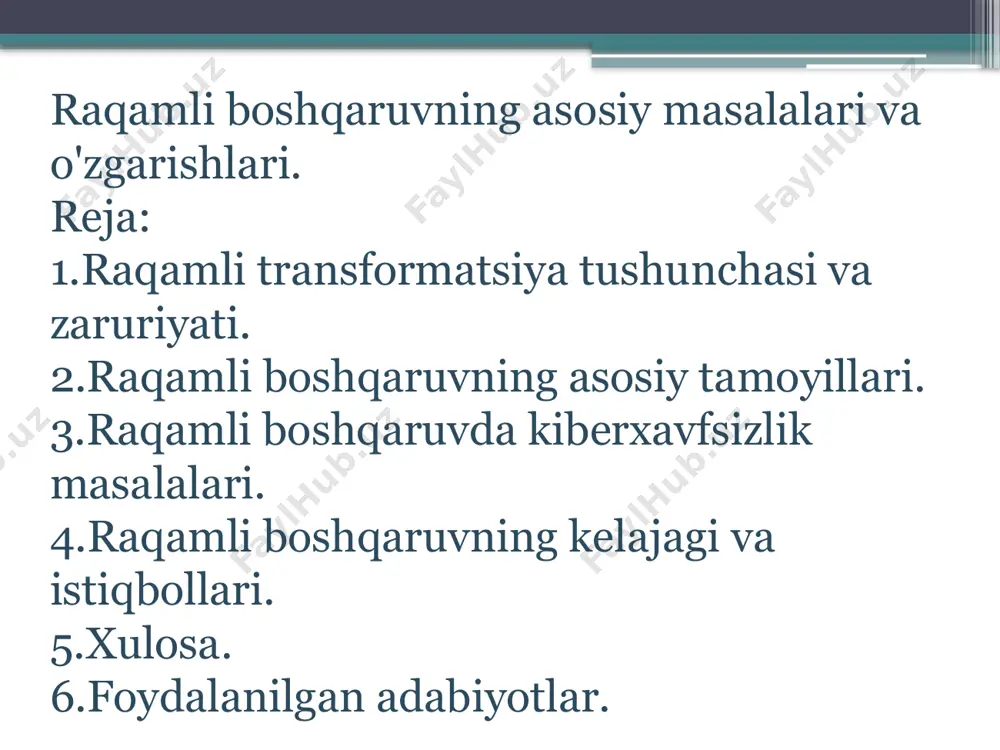 moslashuvchanlik bozor va texnologiyalardagi o»zgarishlarga tez javob berish qobiliyati. sun'iy intellektni keng qo'llash boshqaruv jarayonlarida ai vositalarining samaradorligini oshirish. bulutli texnologiyalar ma'lumotlarga tezkor va xavfsiz kirish imkonini beruvchi tizimlar rivoji. kooperatsiya vamoslashuvchanlik jamoaviy ish va tez o»zgaruvchan sharoitlarga moslashish qobiliyati muhimligi. raqamli boshqaruvning kelajagi va istiqbollari raqamli boshqaruv (digital control) — bu boshqariluvchi tizimlarni raqamli qurilmalar (masalan, mikrokontroller, dsp yoki kompyuter) yordamida avtomatik boshqarish usuli. u analog signalni raqamli ko‘rinishga o‘tkazish, uni tahlil qilish va qayta ishlash orqali tizimni kerakli holatda ushlab turishni maqsad qiladi. asosiy masalalari: 1. diskretlash va kvantlash: • analog signallarni raqamli ko‘rinishga o‘tkazishda namuna olish (sampling) va kvantlash (quantization) aniqlikni pasaytirishi mumkin. 2. barqarorlikni ta’minlash: • raqamli tizimlarda uzluksiz vaqtli tizimlarga nisbatan barqarorlikni ta’minlash murakkabroq bo‘lishi mumkin. 3. galtak va kechikishlar (delays): • hisoblash vaqtining kechikishi yoki raqamli signallarni uzatishdagi sekinliklar boshqaruv sifatiga salbiy ta’sir qiladi. 4. moslashuvchanlik va sozlash murakkabligi: • raqamli boshqaruv algoritmlari murakkab …