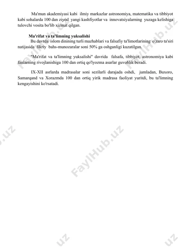 nining turli mazhablari va falsafiy ta'limotlarining o'zaro ta'siri natijasida fikriy bahs-munozaralar soni 50% ga oshganligi kuzatilgan. "ma'rifat va ta'limning yuksalishi" davrida falsafa, tibbiyot, astronomiya kabi fanlarning rivojlanishiga 100 dan ortiq qo'lyozma asarlar guvohlik beradi. ix-xii asrlarda madrasalar soni sezilarli darajada oshdi, jumladan, buxoro, samarqand va xorazmda 100 dan ortiq yirik madrasa faoliyat yuritdi, bu ta'limning kengayishini ko'rsatadi. 📌xulosa ix-xii асрларда мамлакатимизда маданий юксалиш даври кузатилди, бу янги адабиёт, фан ва санъатнинг ривожланиши билан тасдиқланди. бу давр бой мероснинг шаклланишида муҳим роль ўйнади. 📚foydalanilgan adabiyotlar 1. бартольд, в.в. ўрта осиё тарихидан тадқиқотлар. тошкент, 1963. 2. бертельс, е.э. ўрта осиёдаги маданият ва илм-фан. тошкент, 1970. 3. ахмедов, б.а. ўзбекистон тарихи. тошкент, 1999. 4. ибрагимов, м. ўрта осиёдаги маданий ренессанс. тошкент, 2005. 5. юсупов, а