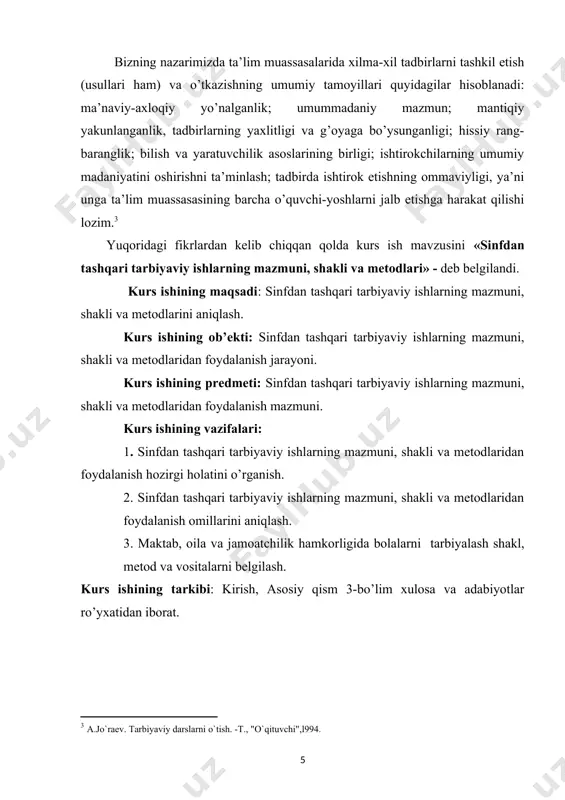 metodlaridan foydalanish omillarini aniqlash. 3. maktab, oila va jamoatchilik hamkorligida bolalarni tarbiyalash shakl, metod va vositalarni belgilash. kurs ishining tarkibi: kirish, asosiy qism 3-bo’lim xulosa va adabiyotlar ro’yxatidan iborat. 1.1. sinfdan tashqari tarbiyaviy ishlarni tashkil qilishning ilmiy asoslari. maktabning o’quvchilar bilan olib boradigan o’quv mashg’ulotlaridan tashqari xilma-xil ta’lim-tarbiya ishlari sinfan tashqari ishlar nomini olgan. sinfdan tashqari ishlar maktab ta’lim-tarbiya jarayonining tarkibiy qismi o’quvchilarning bo’sh vaqtlarini yo’lga qo’yish shakllaridan biridir. sinfdan tashqari ishlar shaxsni har tomonlama kamol toptirish va uni hayotga faoliyatga tayyorlash uchun keng imkoniyatga ega. bu ishlar bolalarning qiziqishlariga muvofiq tarzda ko’ngillilik asosida tashkil qilinadi. o’quvchilar sinfdan va maktabdan tashqari ishlarda o’zlarini qiziqtiradigan mashg’ulotlarni tanlab olishadi ularda mustaqil tashabbuskorona ishtirok etishadi. maktab va sinfdan tashqari muassasalarning tashkiliy ishlarini, mazmuni va maqsadini belgilash bugungi kunimizning barcha qirralarini hisobga olishni talab etmoqda. sinf tashqari mazkur tarbiyaviy ishlar shaxs kamoloti bosqichlarini belgilab olishga qaratilganligi bilan tavsiflanadi. mazkur muammoni ijobiy hal etish uchun …