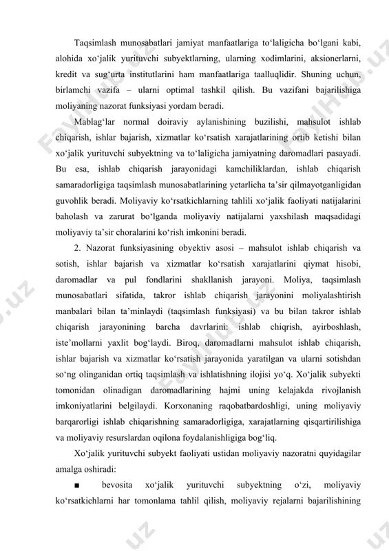 i belgilaydi. korxonaning raqobatbardoshligi, uning moliyaviy barqarorligi ishlab chiqarishning samaradorligiga, xarajatlarning qisqartirilishiga va moliyaviy resurslardan oqilona foydalanishligiga bog‘liq. xo‘jalik yurituvchi subyekt faoliyati ustidan moliyaviy nazoratni quyidagilar amalga oshiradi: · bevosita xo‘jalik yurituvchi subyektning o‘zi, moliyaviy ko‘rsatkichlarni har tomonlama tahlil qilish, moliyaviy rejalarni bajarilishining borishini, mahsulot (ishlar, xizmatlar) sotishdan tushumlarning o‘z vaqtida kelishini, tovar-moddiy qiymatliklarni yetkazib beruvchilar, buyurtmachilar va mahsulot iste’molchilari, davlat, banklar va boshqa kontragentlar (shartnomaviy munosabatlarning bir tomoni) oldidagi majburiyatlarni bajarilishini nazorat qilish yo‘li bilan; · aksiyadorlar va aksiyalarning nazorat paketiga ega bo‘lganlar, pul mablag‘larini samarali joylashtirish, foyda olish va dividendlar to‘lanishi ustidan nazorat qilish yo‘li bilan; · soliq organlari, budjetga soliqlar va boshqa majburiy to‘lovlarni o‘z vaqtida va to‘la to‘lanishini nazorat qiladi; · o‘zr moliya vazirligining nazorat-taftish xizmati, budjet mablag‘laridan foydalanuvchi korxonalar va tashgkilotlarning moliyaviy-xo‘jalik faoliyatini nazorat qiladi; · tijorat banklari, ssudalar berish va qaytarishda, boshqa turdagi bank xizmatlarini ko‘rsatishda; · mustaqil auditorlik firmalari, auditorlik nazoratlarini o‘tkazishda. tijorat …