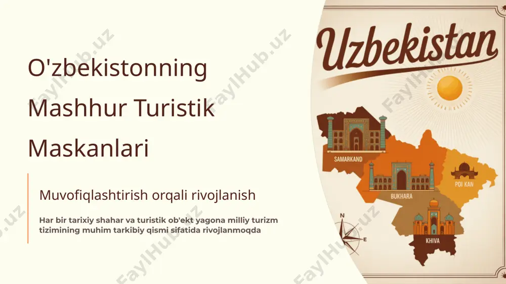 raqamlashtirish va yangi xizmatlar eco-sistemasini yaratish mintaqaviy integratsiya markaziy osiyo davlatlari bilan turizm sohasida strategik hamkorlikni rivojlantirish global brending o'zbekiston turizm brendini jahon miqyosida tanib olish va rivojlantirish kelajakda o'zbekiston turizm sohasida muvofiqlashtirish yangi bosqichga o'tadi: blockchain texnologiyalari iot sensorlar tarmog'i big data analytics cloud computing platformalar o'zbekiston turizm qo'mitasi va davlat dasturlari strategik rejalar turizmni rivojlantirish bo'yicha 2025-2030 yillarga mo'ljallangan uzoq muddatli strategik rejalar ishlab chiqilgan 5 million sayyoh maqsadi unesco ro'yxatini kengaytirish infratuzilmani modernizatsiyalash innovatsion loyihalar yangi texnologiyalar va investitsiya imkoniyatlarini jalb qilish orqali turizm sanoatini rivojlantirish smart city dasturlari green tourism loyihalar startup ekotizimi xavfsizlik choralari sayyohlar uchun qulayliklar yaratish va xavfsizlik tizimini mustahkamlash 24/7 yordam xizmati tibbiy sug'urta tarjimon xizmatlar istiqbollar va yutuqlar 300% turizm daromadi o'sishi so'nggi 5 yilda turizm sohasidan olinadigan daromadning o'sish sur'ati 150% xorijiy sayyohlar soni 2019-2024 yillarda o'zbekistonga tashrif buyurgan xorijiy sayyohlar sonining o'sishi 85% raqamlashtirish darajasi turizm xizmatlarida raqamli texnologiyalardan …