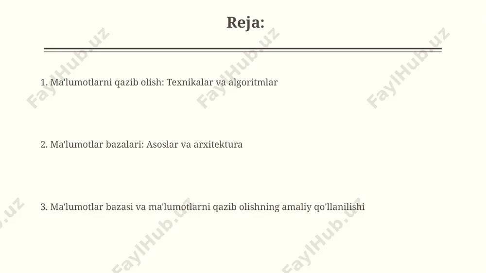 ial foydali bo'lgan bog'liqliklar, tendentsiyalar va naqshlarni aniqlash va tahlil qilish. ma'lumotlarni qazib olish usullari assotsiatsiya qoidalari, apriori algoritmi bilan, 0.7 qo'llab-quvvatlash va 0.9 ishonchlilik bo'lgan mahsulotlar to'plami o'rtasidagi bog'liqlikni aniqlash uchun foydalaniladi. klasterlash usullari, xususan k-means, ma'lumotlardagi 7 yoki undan ortiq bo'lgan o'xshash guruhlarni aniqlash uchun ishlatiladi, bu esa 80% gacha bo'lgan sezgirlikni ta'minlaydi. ma'lumotlarni qazib olishning kamchiliklari ma'lumotlarning noto'g'ri talqin qilinishi, masalan, 10% lik o'zgarish statistik jihatdan ahamiyatsiz bo'lganda, noto'g'ri tushunishga olib kelishi va noto'g'ri strategiyalarga olib kelishi mumkin. maxfiylik buzilishi 5000 dan ortiq yozuvlarni o'z ichiga olgan ma'lumotlar to'plamida shaxsiy ma'lumotlar noto'g'ri ishlatilishi mumkin, bu esa katta zarar keltirishi mumkin. xulosa xulosa jarayoni ma'lumotlar qazish texnikalarini qo'llash orqali olingan bilimlarni 75% ga qisqartirish va soddalashtirish orqali qulay shaklda taqdim etadi. xulosa ma'lumotlarni tahlil qilishning so'nggi bosqichidir, unda natijalar 95% aniqlik darajasida taqdim etiladi va istiqbolli echimlar taklif etiladi. ma'lumotlarni qazib olishning amaliy misollari moliyaviy xizmatlarda, kredit kartasi …