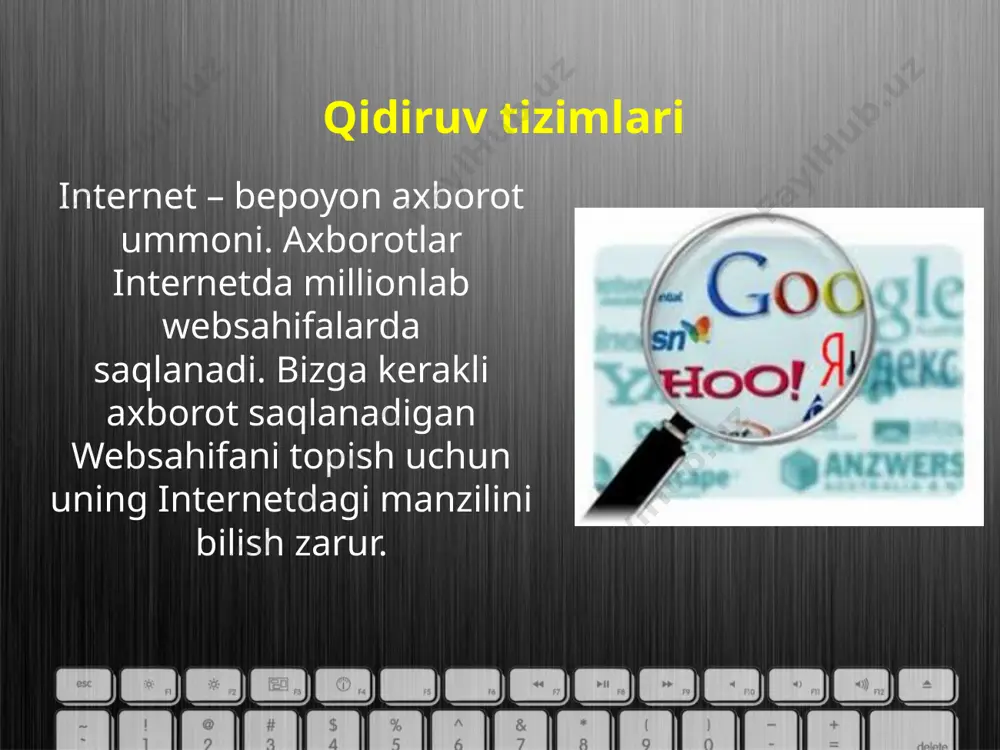 shini bosish kifoya. natijada qidiruv tizimining interfeysi aks etadi: bu qidiruv tizimining qidiruv satriga «webbrauzerlar» kalit so‘zi kiritilsa, quyidagi ko‘rinishda izlash natijalari aks etadi: ba’zi qidiruv tizimlari izlash vaqtini kamaytirish uchun kerakli axborotni mavzu bo‘yicha izlash imkoniyatini beradi. mavzular nomi turlicha bo‘lishi mumkin. tavsiya etilgan mazvu tanlangach, qidiruv satrida berilgan axborot internetning faqat tanlangan bo‘limga tegishli xujjatlari ichidan izlanadi. savol va topshiriqlar: 1. internetdan kerakli axborotni topish uchun nimalarni bilish kerak? 2. internet axborot qidiruv tizimlari haqida so‘zlab bering. 3. qanday qidiruv tizimlari manzilini bilasiz? 4. axborot qidiruv tizimlarida qidiruv satri nima uchun kerak? 5. axborot qidiruv tizimi yordamida o‘zbekiston davlati haqida ma’lumot topish jarayonini izohlang. 6. axborot qidiruv tizimi yordamida internetdan sportga oid yangiliklarni topish jarayonini izohlang. 7. internetdan kompyuterlarga oid yangiliklarni topish jarayonini izohlang. image2.jpeg image3.jpeg image4.jpeg image5.jpeg image6.jpeg image7.jpg image8.emf image9.jpeg image10.jpeg image11.png image12.emf image13.emf image14.png image15.jpeg image1.jpeg