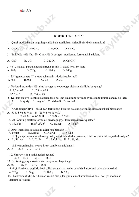 hosil bo’lgan eritmaning massa ulushini hisoblang. a. 0,03 b. 0,33 c. 0,28 d. 0,38 11. 1s22s2 2p6 3s2 3p5 elektron formula qaysi galogenga to’g’ri keladi? a.f b. br c.cl d. j 12. 300ml eritmada 6g naoh erigan. shu eritmaning molyar konsentratsiyasi- ni hisoblang . a) 0.5 b) 0.2 c) 0.1 d) 0.4 13. 31g fosfordan necha g po olish mumkin? a. 17g b. 27g c. 71g d. 77g 14. 50g 2 valentini metall karbonati parchalanganda 11,2l karbonat angidrid ajralib chiqdi. bu moddaning formulasini toping. a. kco b. mg co c. naco d. caco 15. d.i.mendeleeyevning kimyoviy elementlar davriy jadvalida qaysi element tosh nomiga qo’yilgan? a. litiy b. natriy c. kaliy d. kalsiy 16. qaysi javobda piretning formulasi to’g’ri keltirilgan? a) fes b) fes2 c) feso4 d)fe3o4 17. quyidagi oksidlanish- qaytarilish reaksiya tenglamasida koeffitsientlar yog’indisi nechaga teng? zn + hno3 (suyul) = zn(no3) 2 + no +h2o a.21 b. 18 c. …
