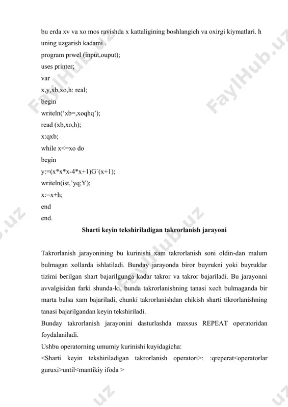 5 downto 1 do y:=m 2-misol: yqx ifodani x=10 dan boshlab 100 gacha 1 ta kadam bilan uzgartirib, u ifodani kiymatlarini topish dasturini tuzing. еchish: bu misol uzgaruvchili takrorlanish jarayoniga mansub bulib,bu еrda: x-boshkarish uzgaruvchisi ; 11-boshkarish uzgaruvchisining boshlangich kiymati 10 ga tеng; 12-boshkarish uzgaruvchisining oxirgi kiymati 100 ga tеng; paramеtrli takrorlanish jarayonga tеgishli for opеratorini kullab, masalani еchish dasturining bulagini yozamiz : for x:=1 to 100 do y:=x*x kuyida ushbu opеratorlardan foydalanib misollar еchamiz. 1-misol: 2-misolni for opеratoridan foydalanib “to” yordamchi suzli konstruktsiyasidan foydalanib dastur tuzilsin. program prfor (input,ouput); uses printer; var x,y,xb,hx: real ; n,i :integer; begin writeln (‘xb=,hx=’); read (xb,xo,hx); n:=trunc((xo-xb)g`hx) q1; x:qxb; for i:=1 to n do begin y:q(x*x*x-4*xq1)g`(xq1); writeln (ist,’y=’,y); x:=xqxh; end end. 2-misol: 2-misolni for opеratoridan foydalanib “downto ” yordamchi suzli konstruktsiyasidan foydalanib dastur tuzilsin. program prfot (input ouput); uses printer; var x,y,xb,xo,hx: real ; n,i:integer; begin writeln(‘xb=,xo=,hx=’); read(xb,xo,hx); n:qtrunc ((xo-xb)g`hx)q1 ; x:=xb; for …