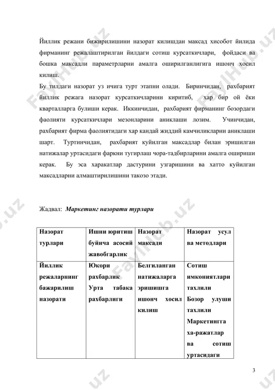 шдаги харажатлари ошиб кетмаслигини талаб килади. маркетинг ва сотиш харажатлари уртасидаги мутаносибликни доимий назорат килиш фирмага маркетинг харажатларини керакли даражада саклашга имкон беради. 4. мижозлар билан буладиган муносабатларни кузатиш. рахбарият харидоралар муносабатларини узгаришини сотишга таъсир этмасдан туриб чора куришлари имконини беради. агар хакикатдаги курсаткичлар йиллик режадаги курсаткичлардан жиддий фарк кила олса, унда фирмалар мувофиклаштирувчи харакатларни амалга оширадилар. адабиётлар: 1. ф.котлер. "основы маркетинга" м-"прогресс"-1991 2. дж.р.эванс, б.берман. "маркетинг" /пер.с.анг./ м-экон-ка-1990 3. а.солиев, а.усмонов "маркетинг т-"укитувчи"-1997 4. ноздрева р.б, цыгичко л.и. "маркетинг: как побеждать на рынке" м-1995 5. хруцкий в.е. "современный маркетинг" м-фин. и стат.-1990 6. п.носиров, ш.абдуллаева "маркетинг-бозор иктисодиёти асоси" т-"узбекистон"-1994 7. завьялов д.и, демидов в.е "формула успеха - маркетинг" м-1988 8. новиков т.т, мухитдинов д.м, панич с.н. "теория и практика мар- кетинга" т-"мехнат"-1990 9. "амалий иктисодиёт" укув кулланмаси т-"шарк"-1996 10. ё.абдуллаев "бозор иктисодиёти асослари" т-"мехнат"-97 11. костюхин в.е. "маркетинг" м-"прогресс" -1988 12. абрамашвили г.г. "проблемы международного маркетинга" м-1984 www.ziyonet.uz назорат …